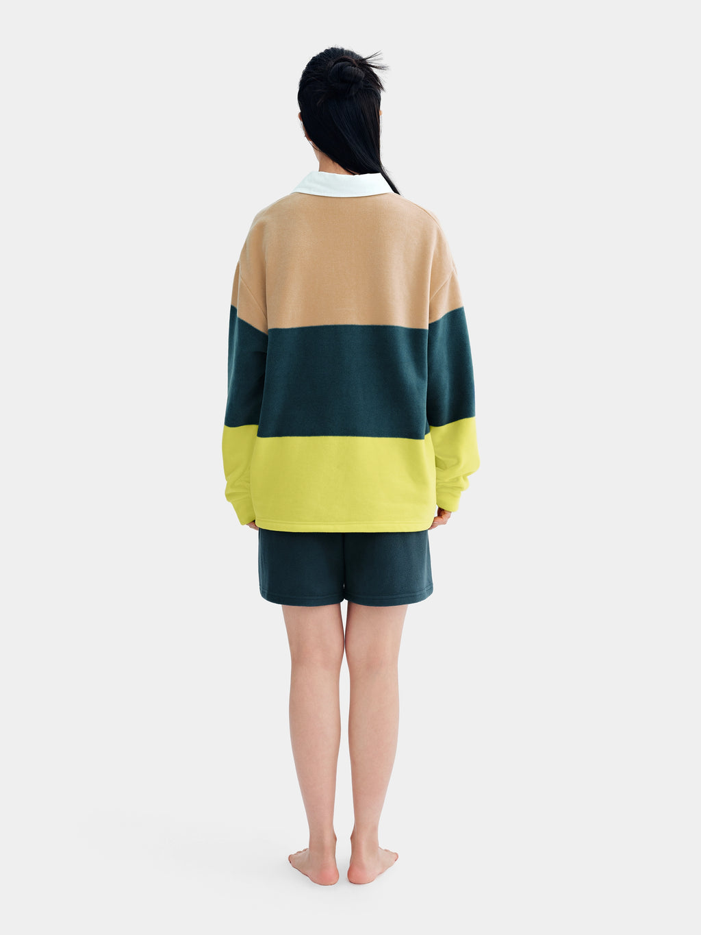 ชุดลำลองเสื้อโปโลผ้าฟลีซ PIN!POM! - แขนยาวและกางเกงขาสั้น - ลายทางสีเหลืองและน้ำตาล
