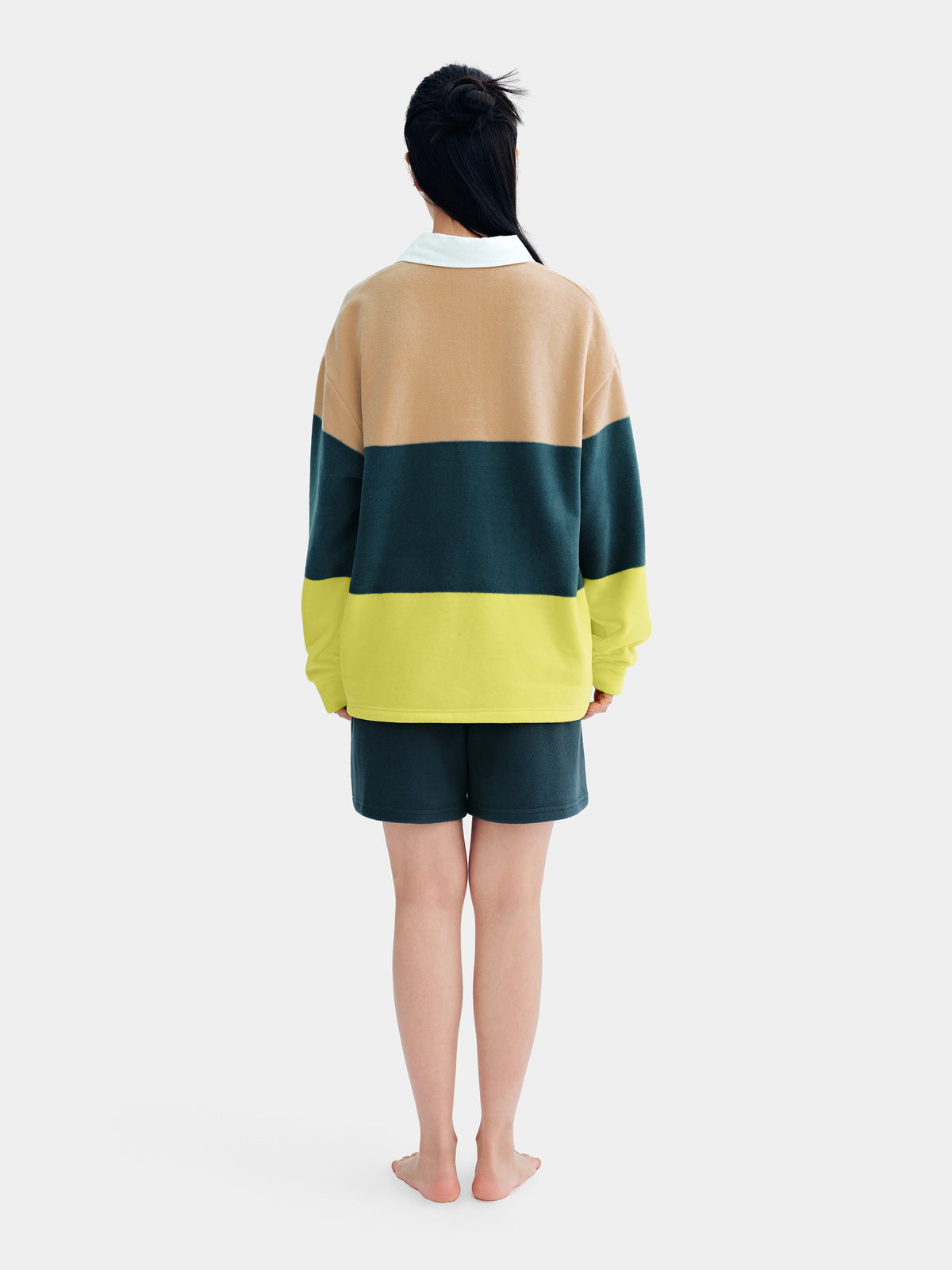 ชุดลำลองเสื้อโปโลผ้าฟลีซ PIN!POM! - แขนยาวและกางเกงขาสั้น - ลายทางสีเหลืองและน้ำตาล