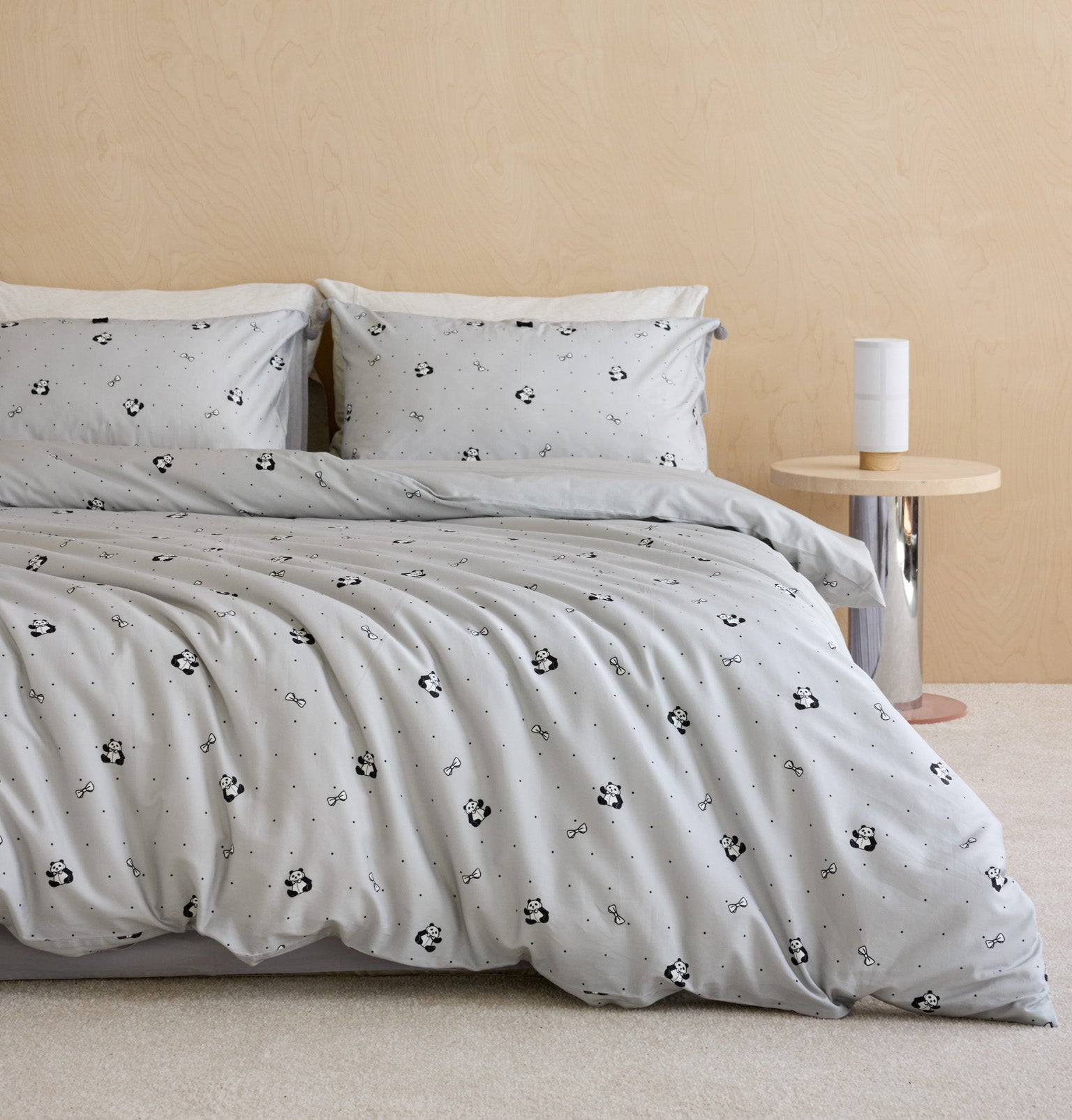"Panda PomPom"  cotton sateen bedding set Gray
