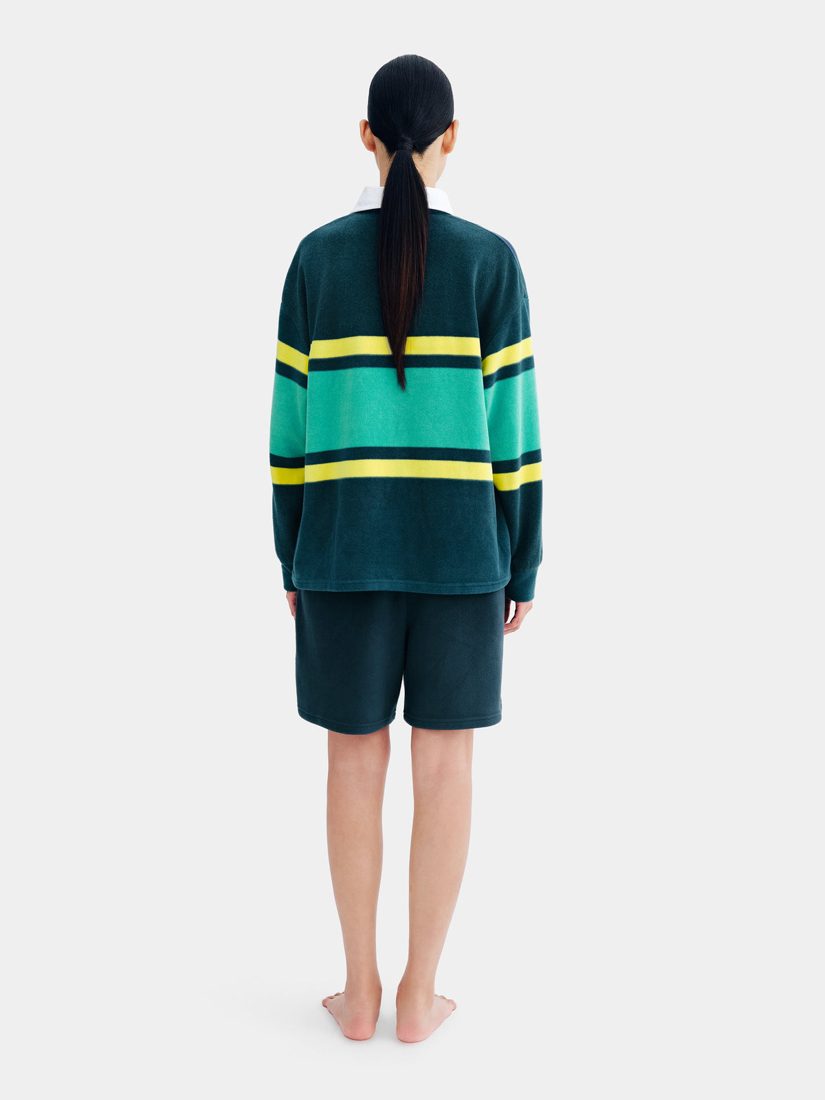 PIN!POM! Fleece Polo Loungewear Set-Long Sleeve & Shorts-Yellow & Green Stripes