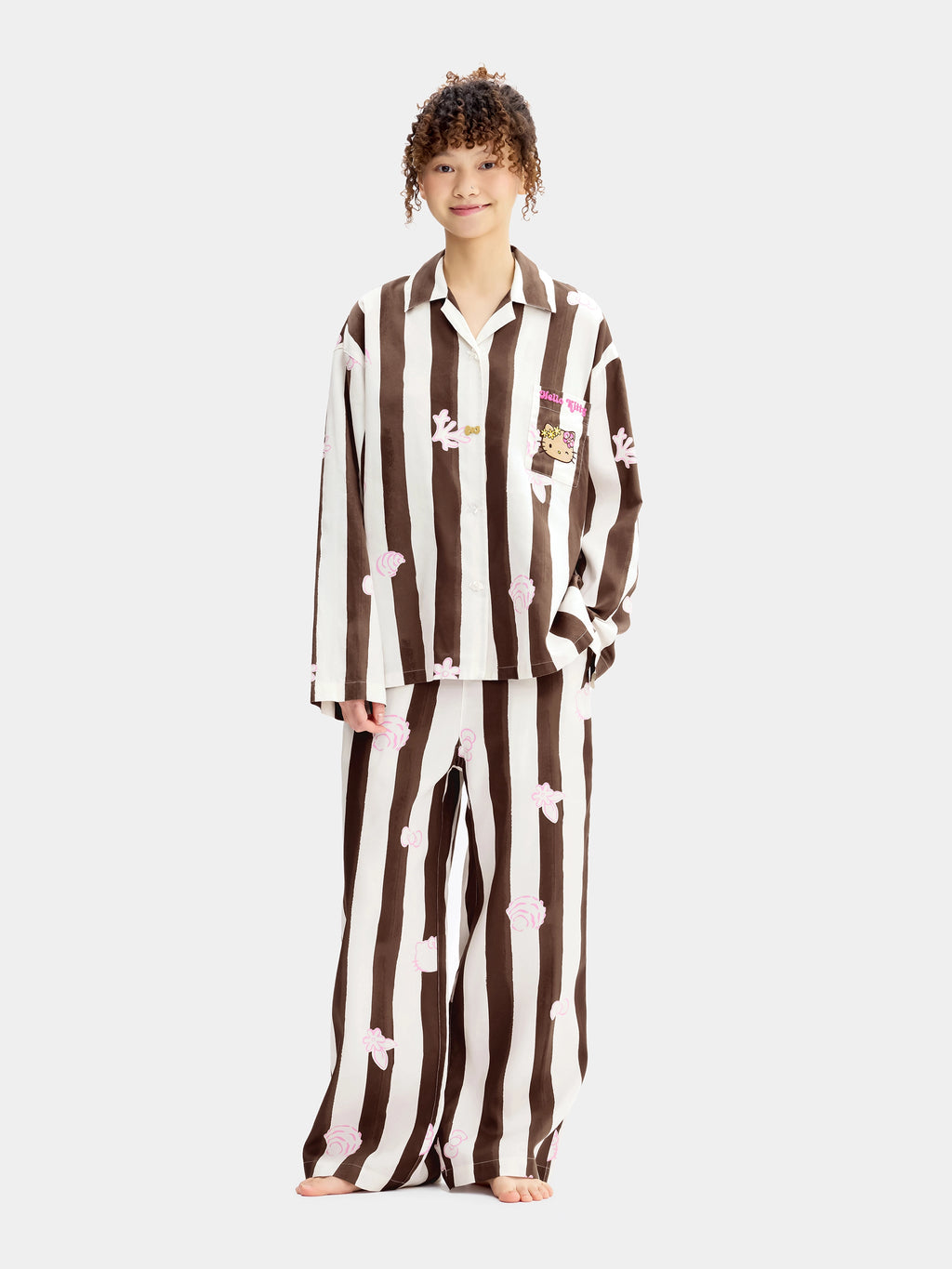 "Hello Kitty" Tencel Cotton Blend Loungewear Set Long Sleeve – Coconut Brown