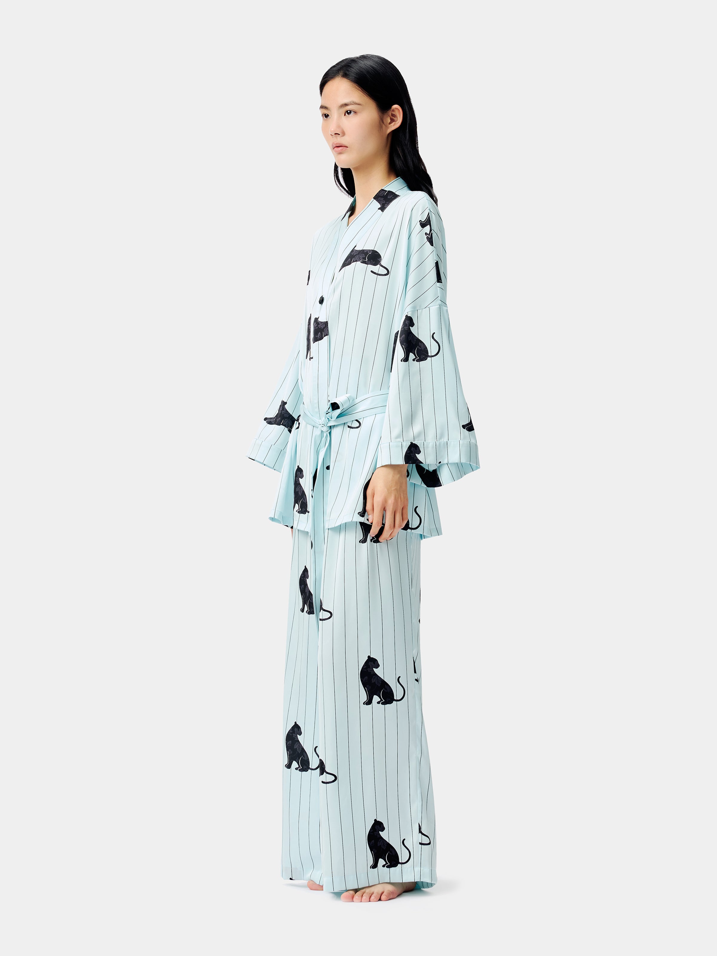 "Urban Jungle" Black Panther Satin Loungewear Set Robe & Pants – Mist Blue