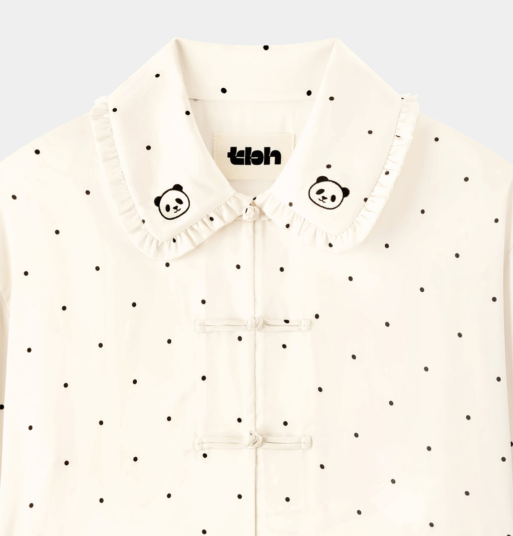 "Panda PomPom" Chinese-Style Satin Loungewear Set – White Polka Dot