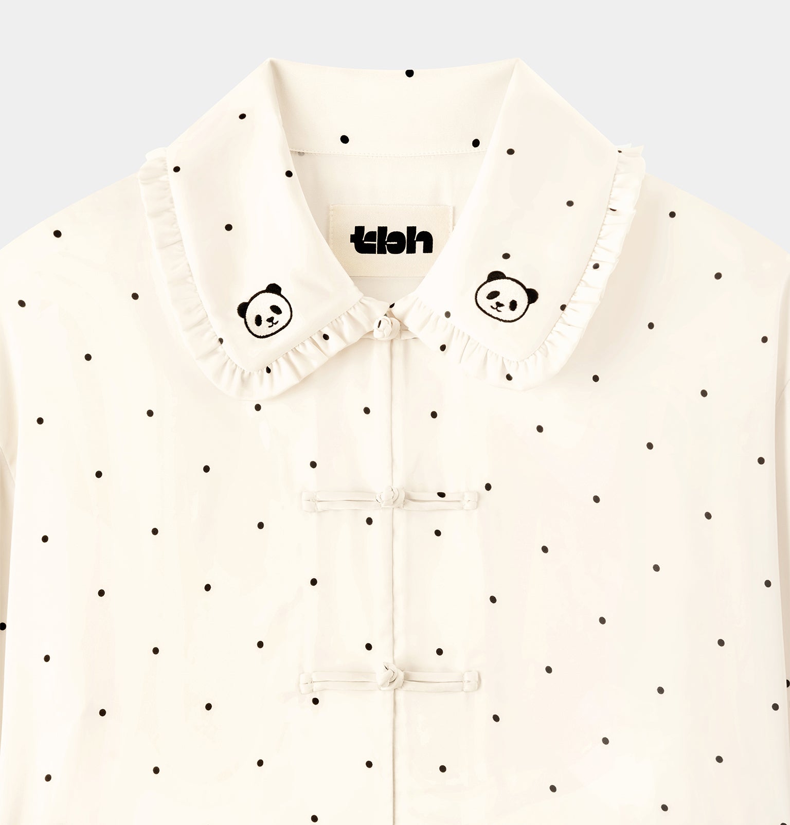 "Panda PomPom" Chinese-Style Satin Loungewear Set – White Polka Dot