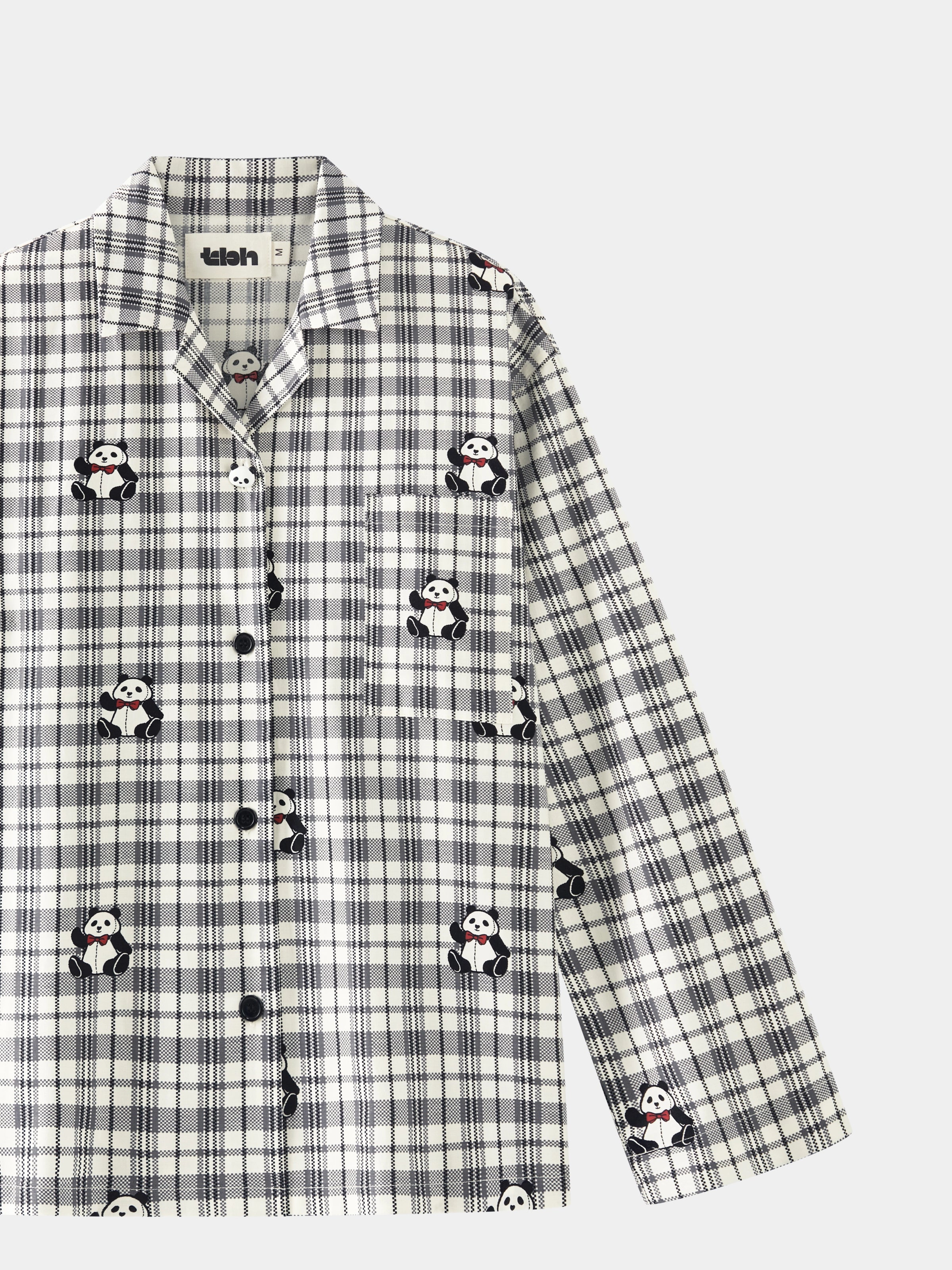 "Panda PomPom" Tencel Cotton Blend Loungewear Set – Black Grid
