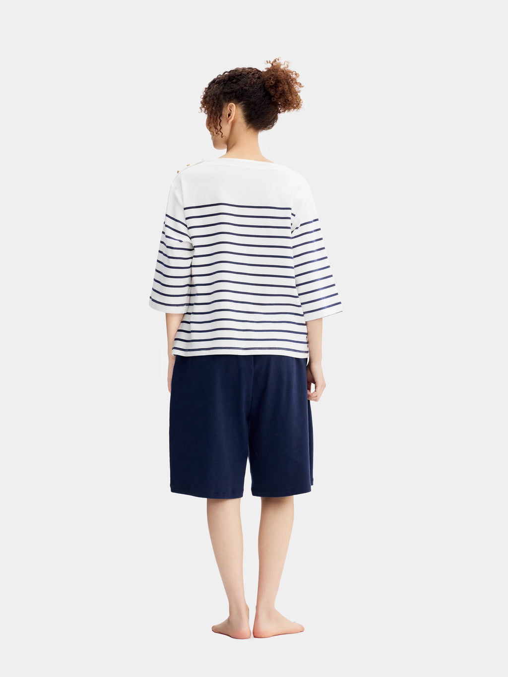 "Hello Kitty" Stretch Cotton Jersey Breton Stripe Loungewear Set Boat Neck Short Sleeve