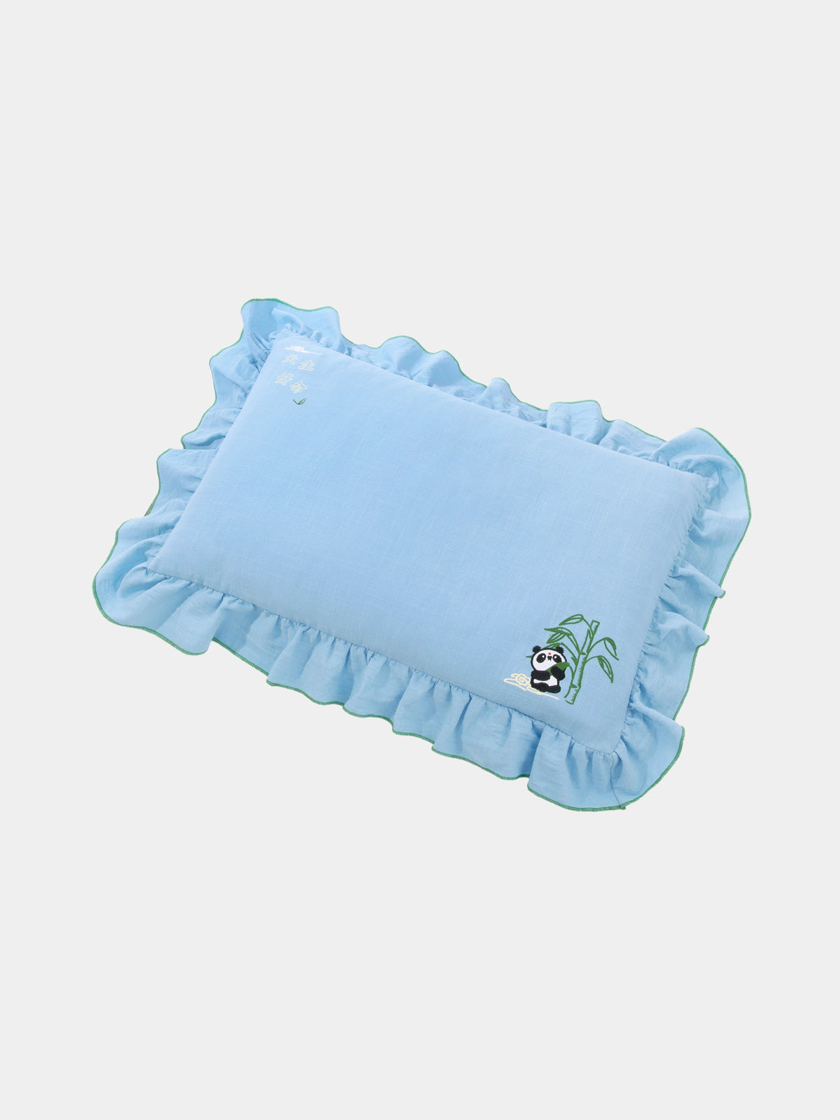 "panda pompom" Embroidered Buckwheat Pillow – Blue