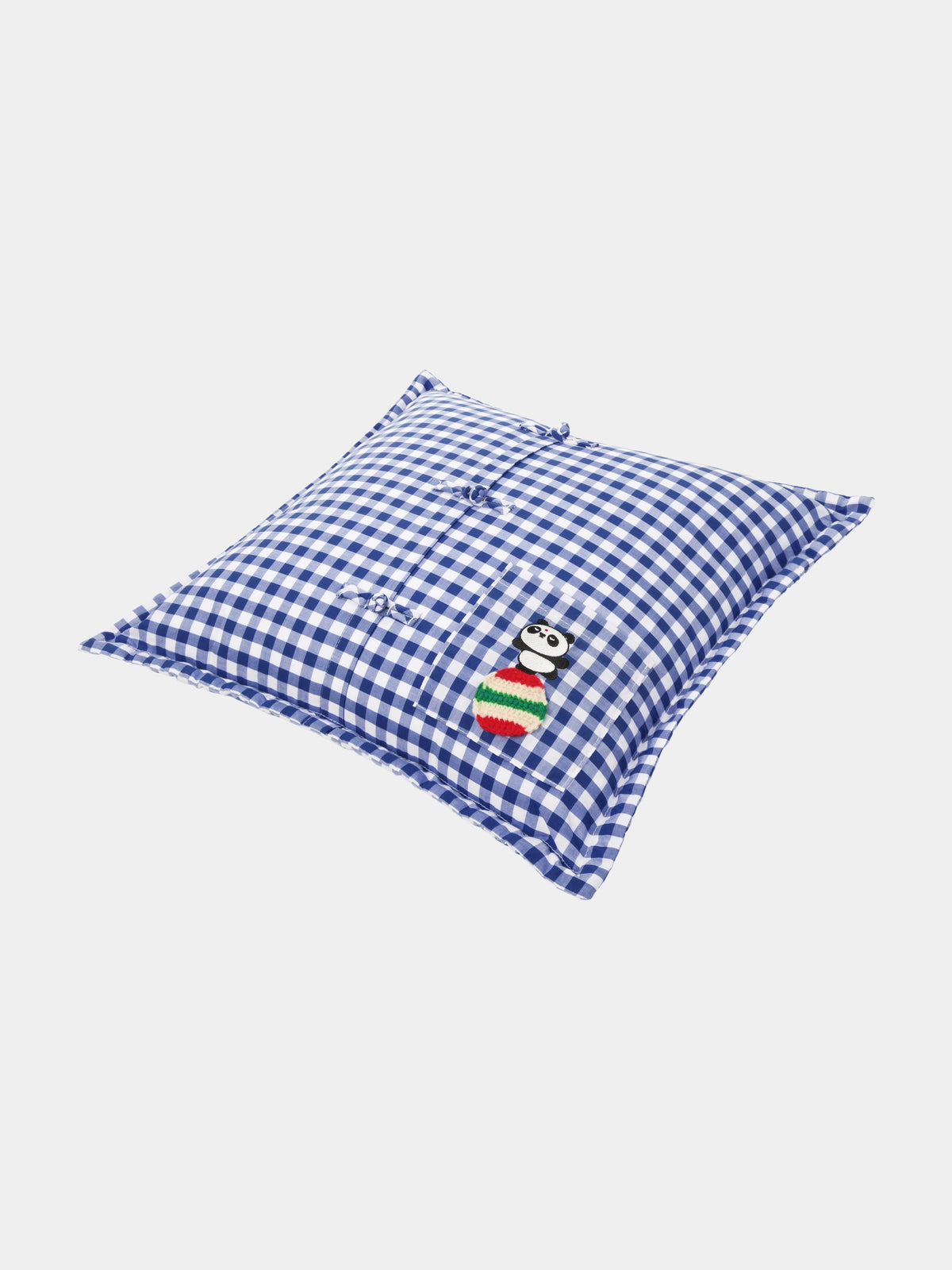 "panda pompom" Pankou Cushion – Blue Gingham