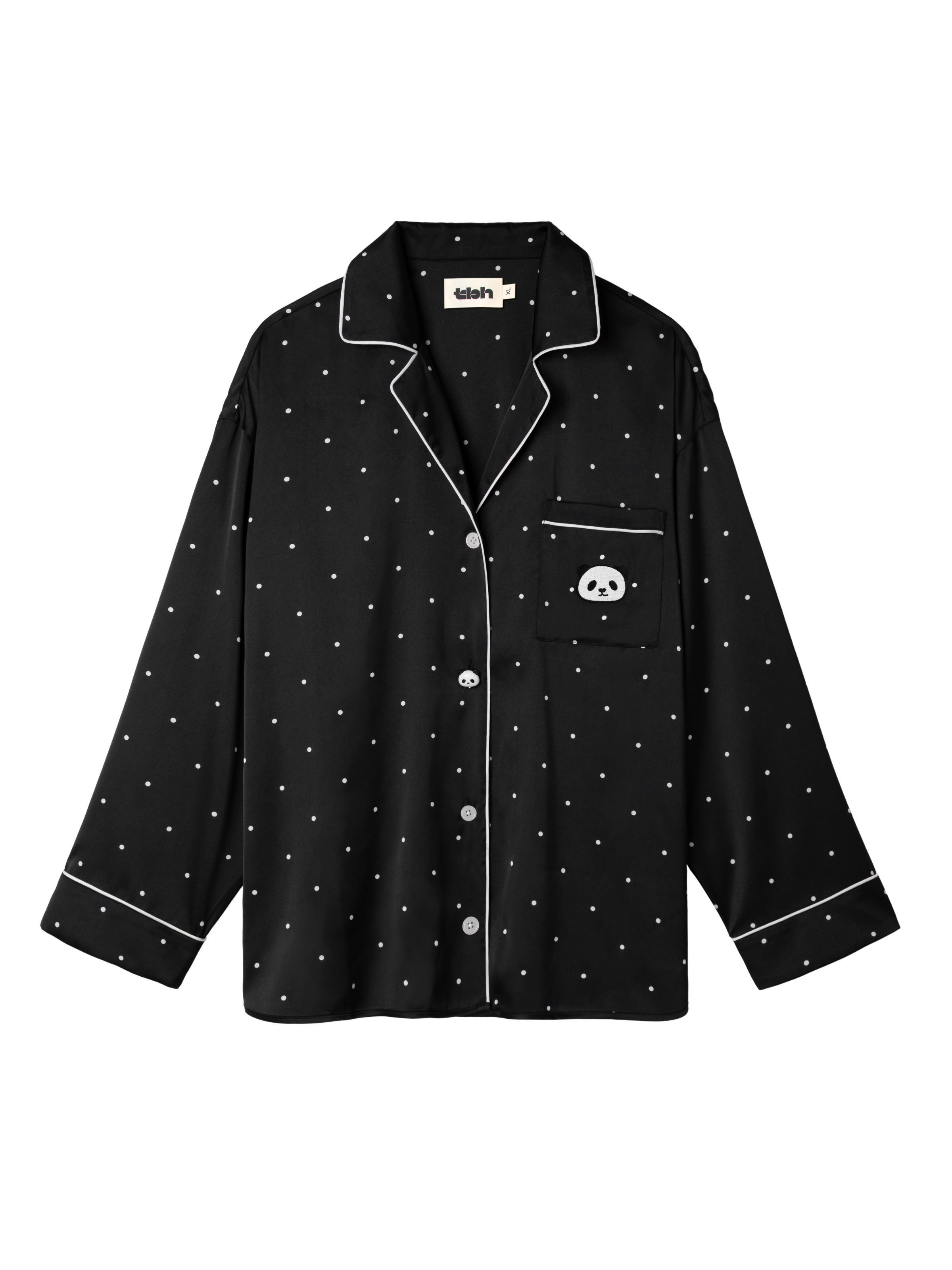 "Panda PomPom" Satin Loungewear Set Black Polka Dot