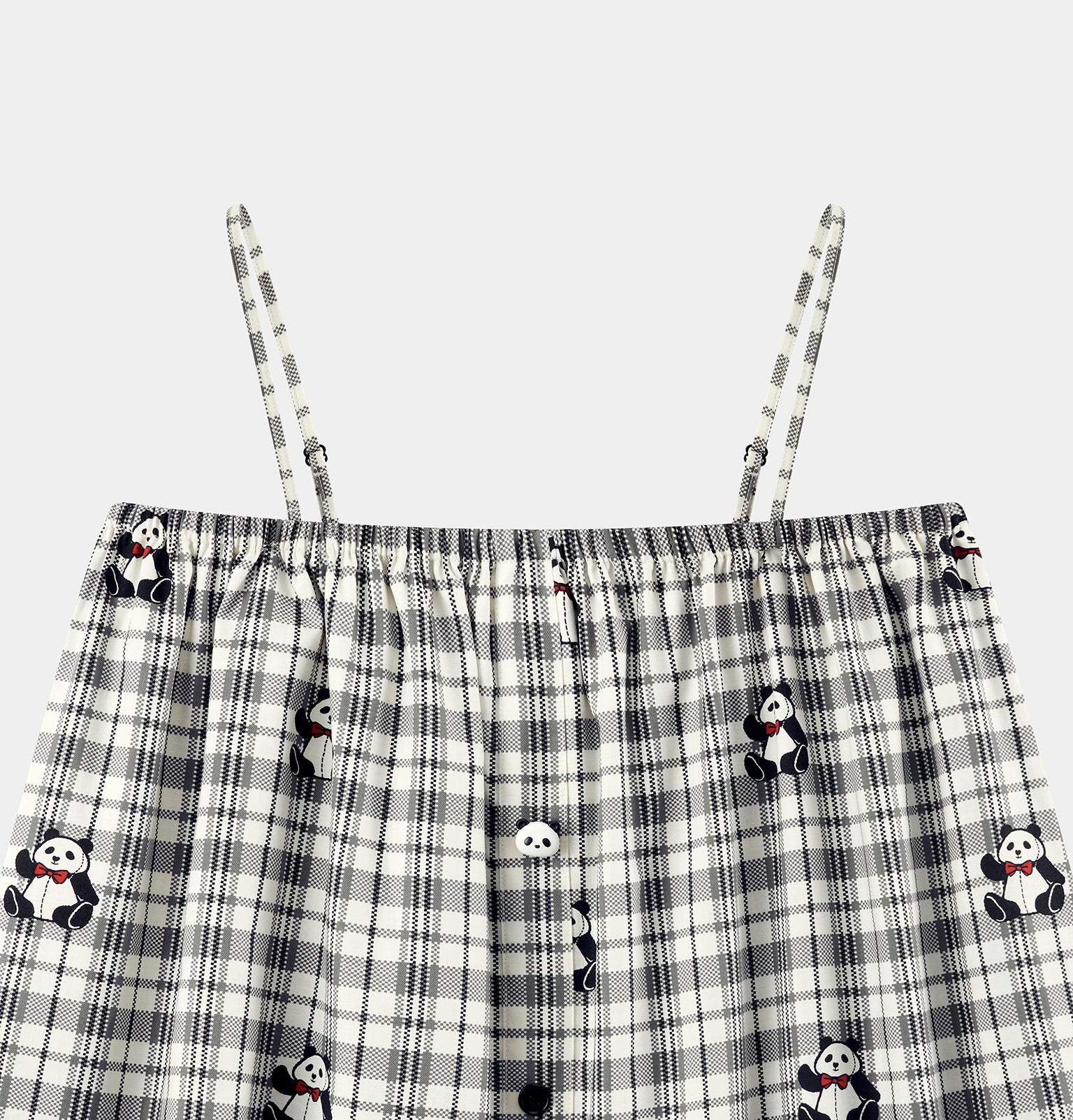"Panda PomPom" Tencel Cotton Blend Spaghetti Strap Top and Shorts Pajama Set Black Grid