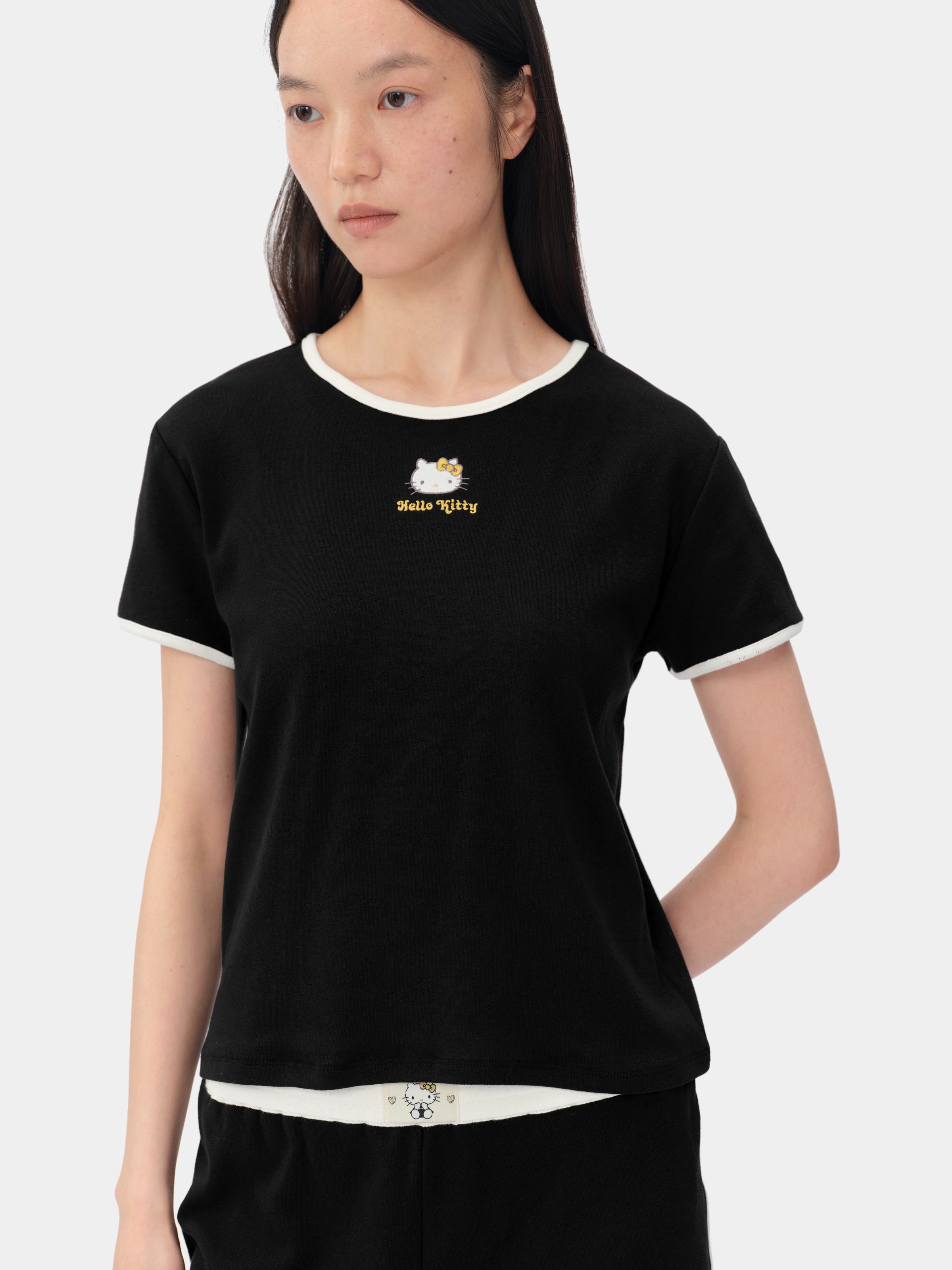 "Hello Kitty" Stretch Cotton Jersey Short Sleeve Loungewear Set – Classic Black