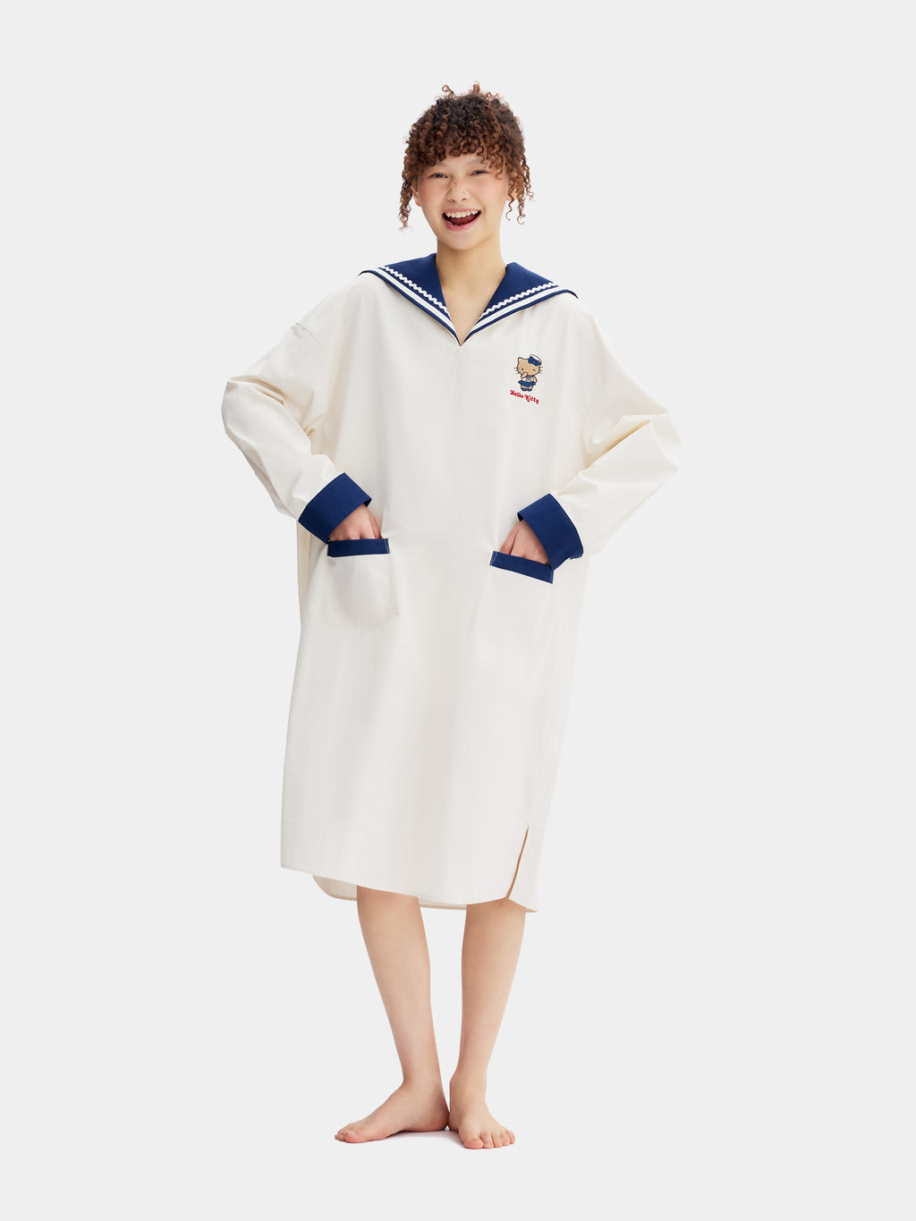 "Hello Kitty" Cotton Sailor Collar Long Sleeve Nightgown