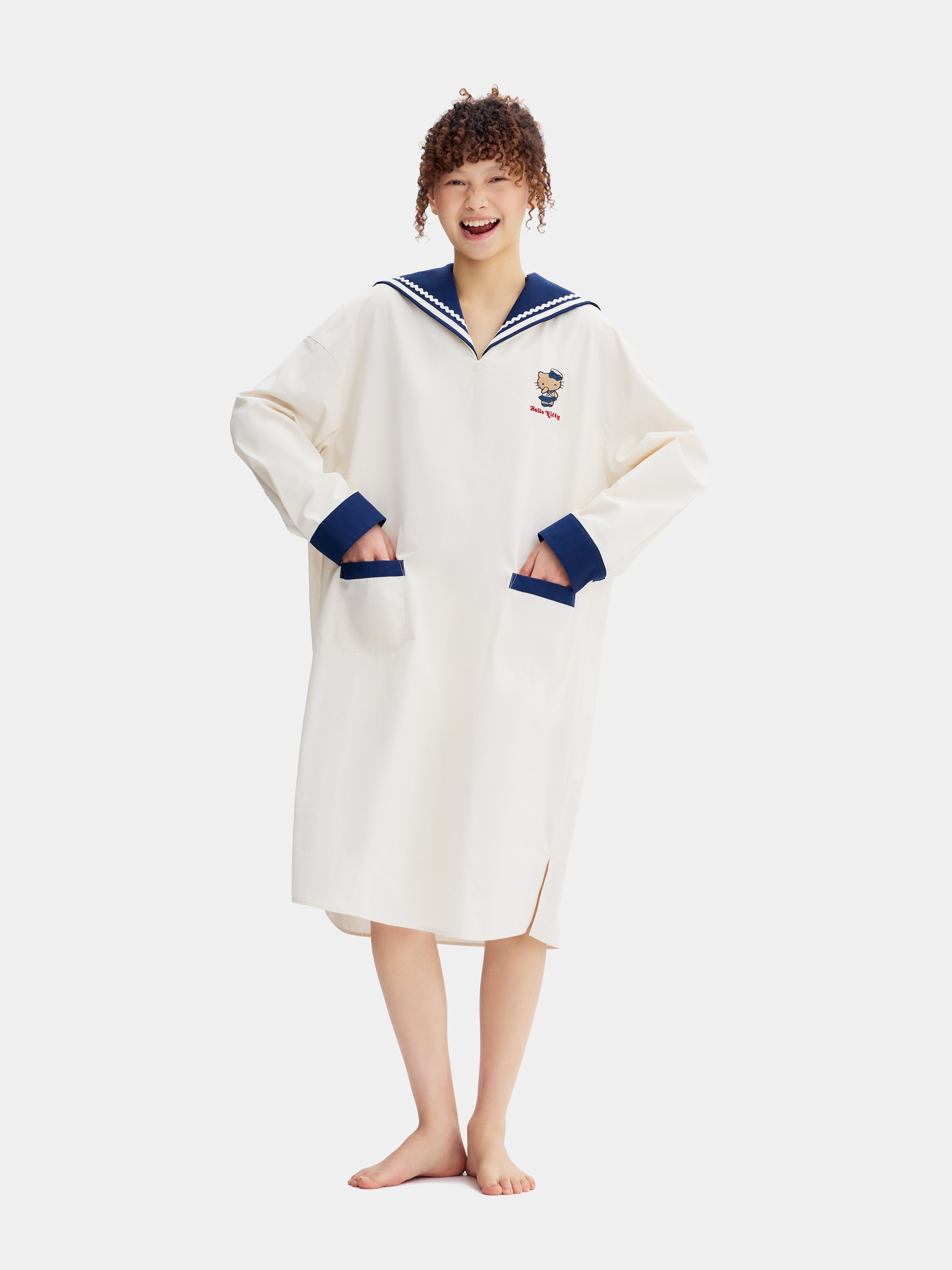 "Hello Kitty" Cotton Sailor Collar Long Sleeve Nightgown