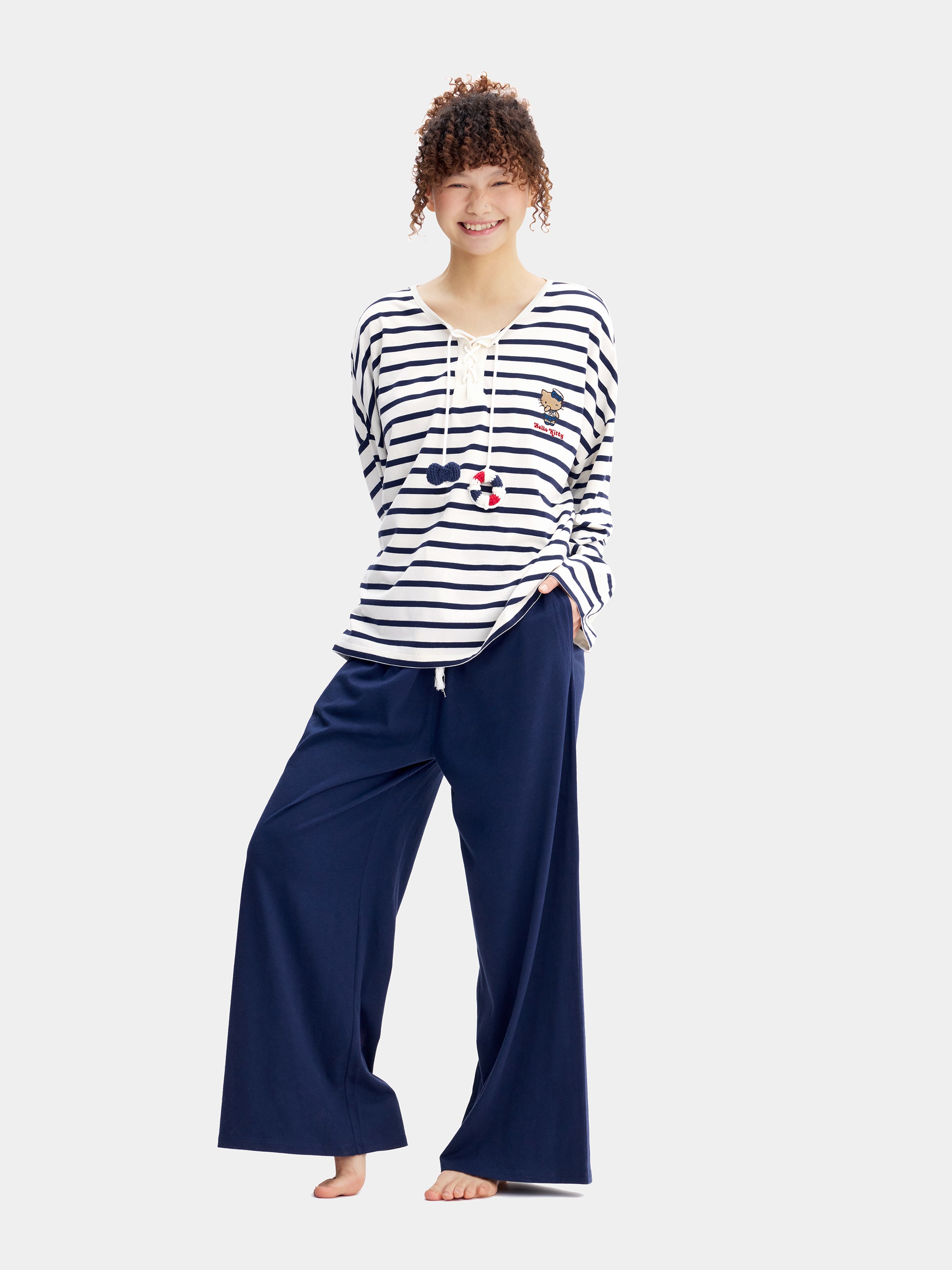 "Hello Kitty" Jersey Breton Stripe Loungewear Set Long Sleeve – Blue & White