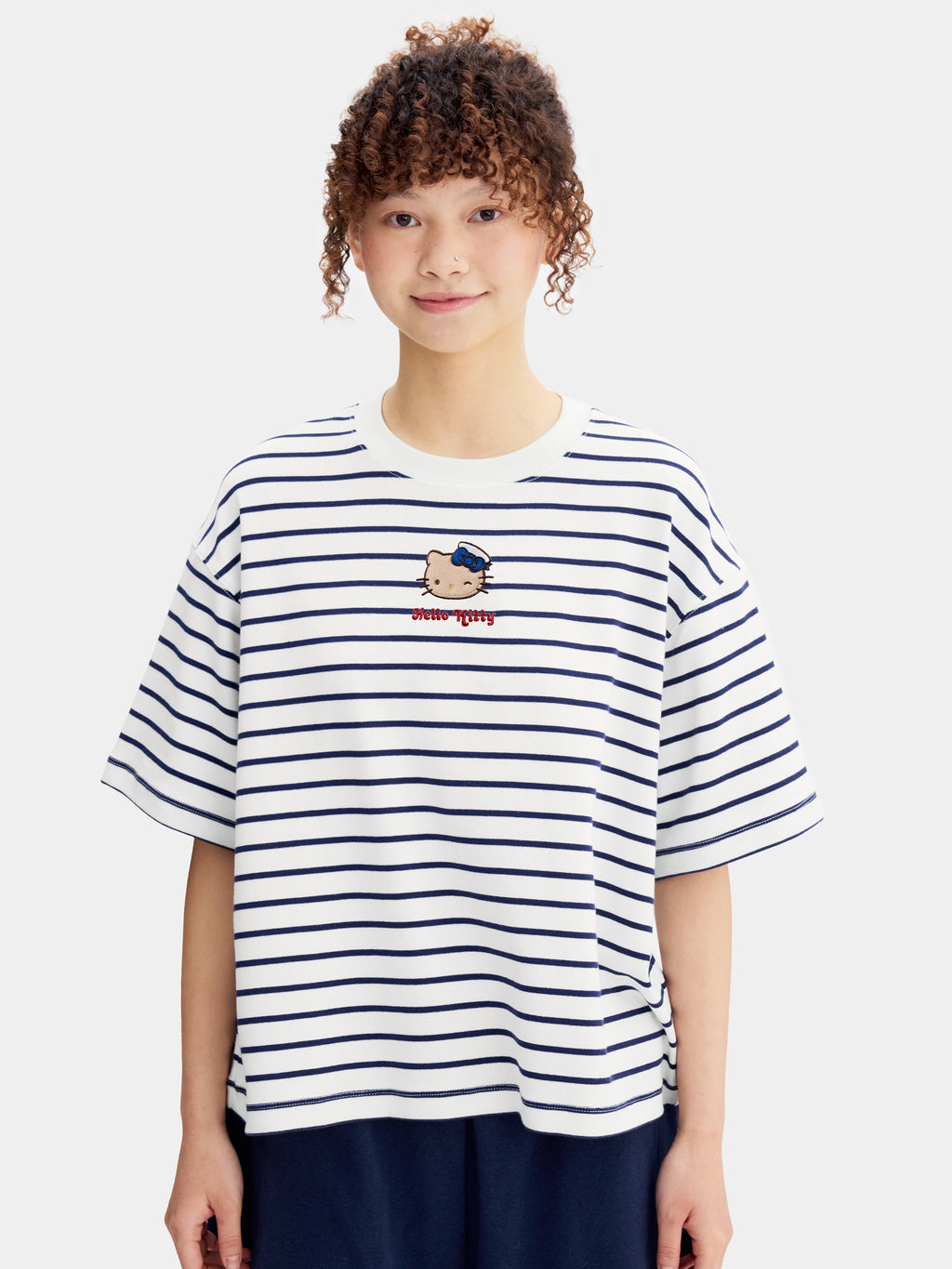 "Hello Kitty" Stretch Cotton Jersey Breton Stripe Loungewear Set Short Sleeve