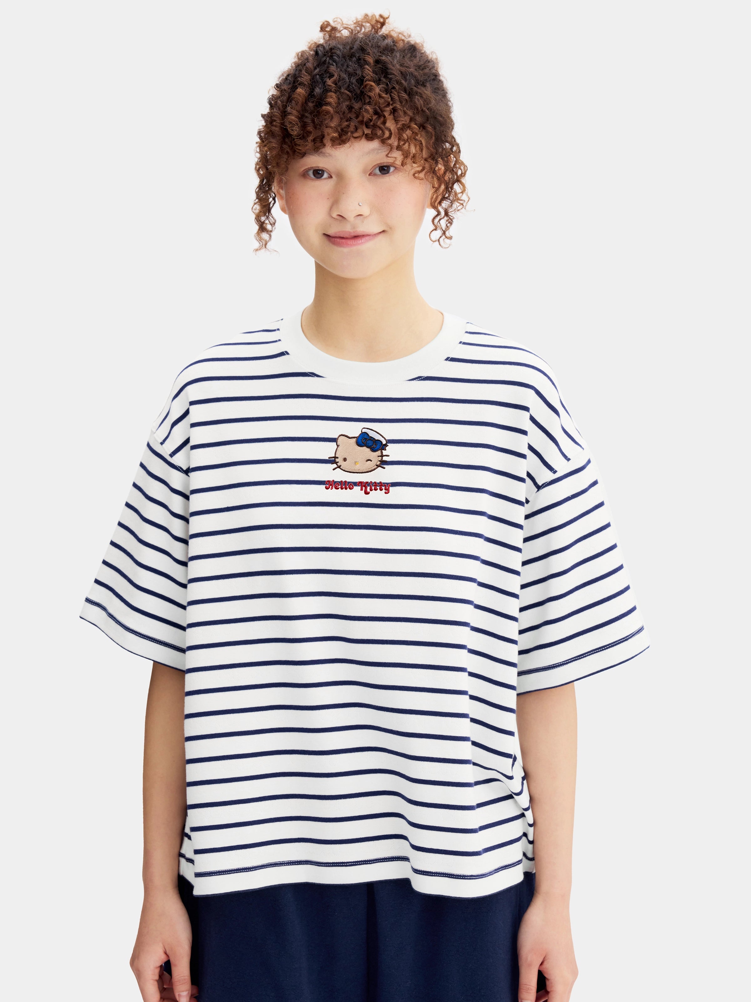 "Hello Kitty" Stretch Cotton Jersey Breton Stripe Loungewear Set Short Sleeve