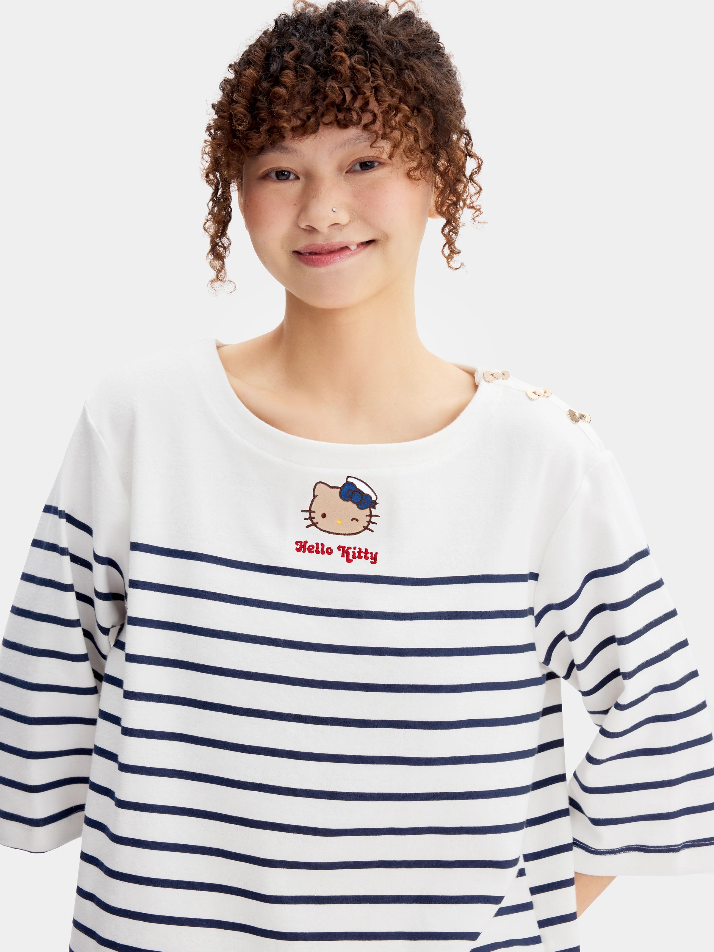 "Hello Kitty" Stretch Cotton Jersey Breton Stripe Loungewear Set Boat Neck Short Sleeve