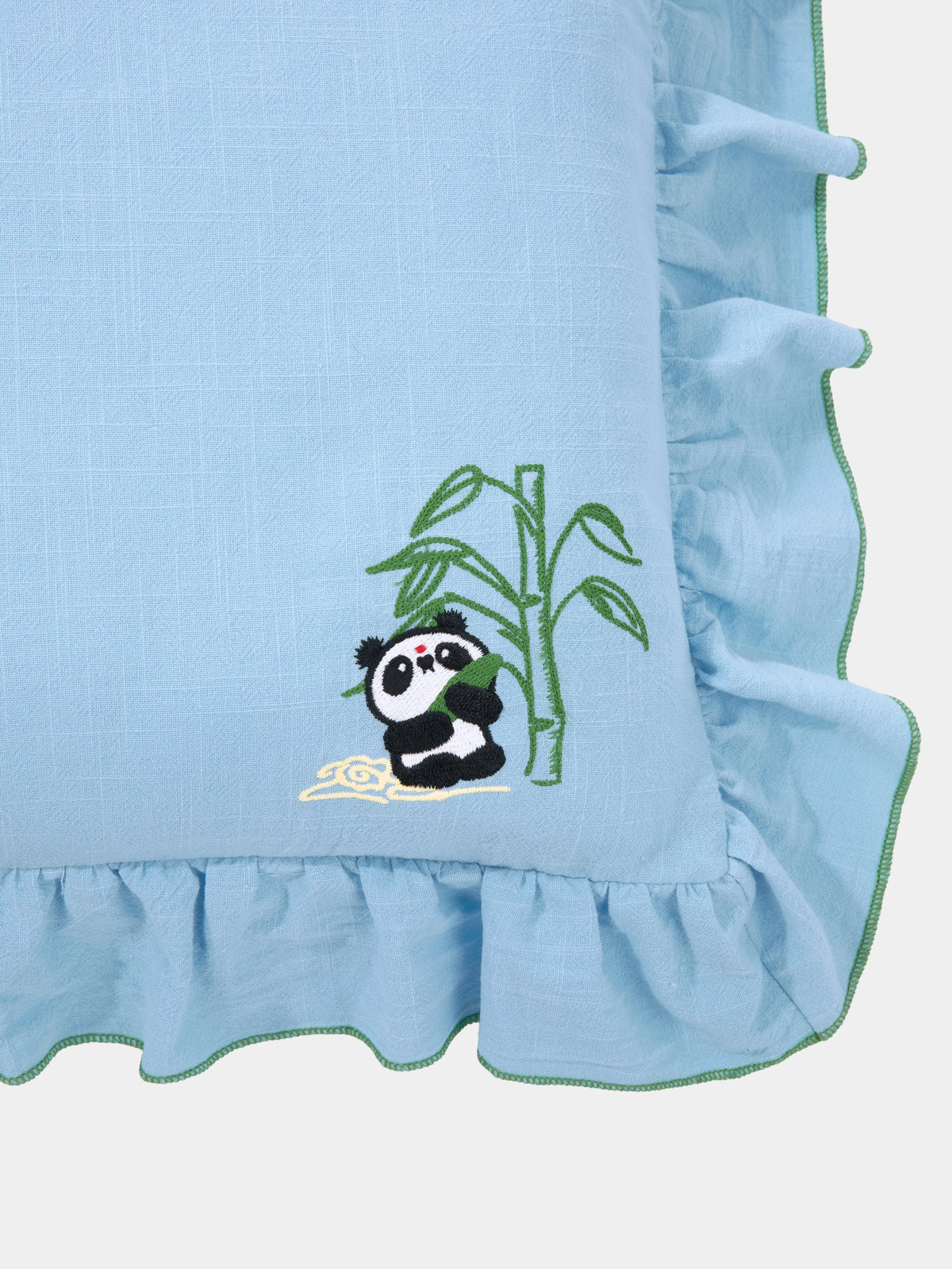 "panda pompom" Embroidered Buckwheat Pillow – Blue