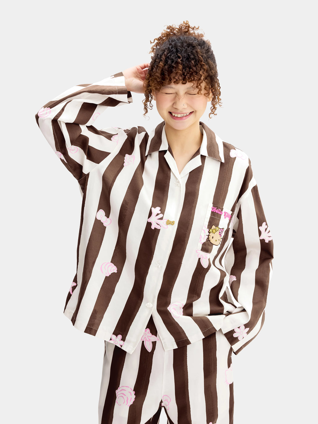 "Hello Kitty" Tencel Cotton Blend Loungewear Set Long Sleeve – Coconut Brown