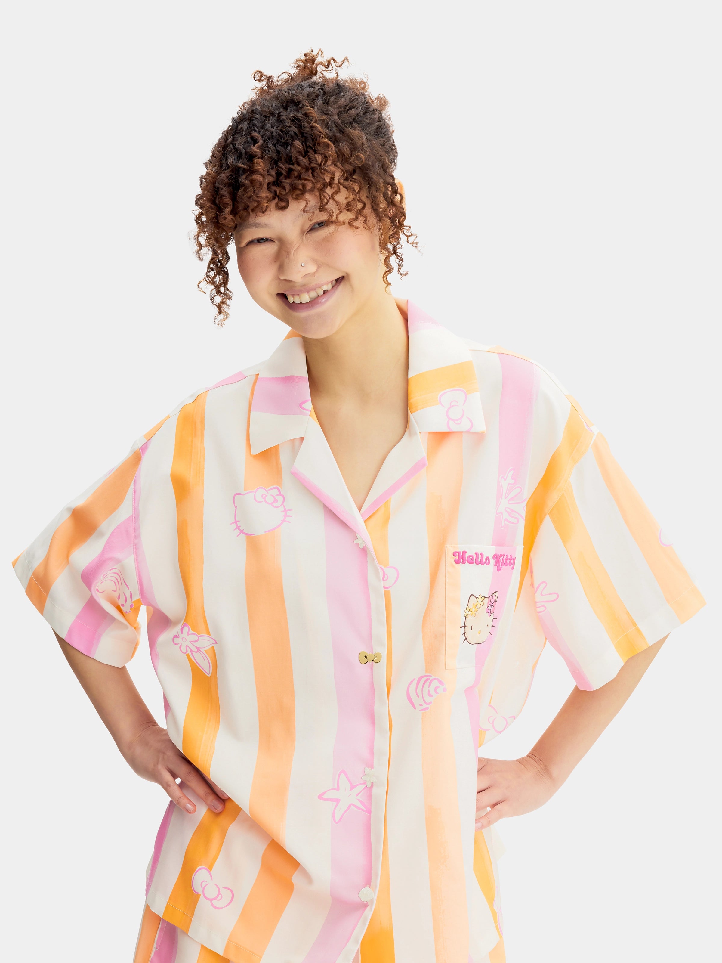 "Hello Kitty" Tencel Cotton Blend Loungewear Set Short Sleeve & Shorts – Coral Pink