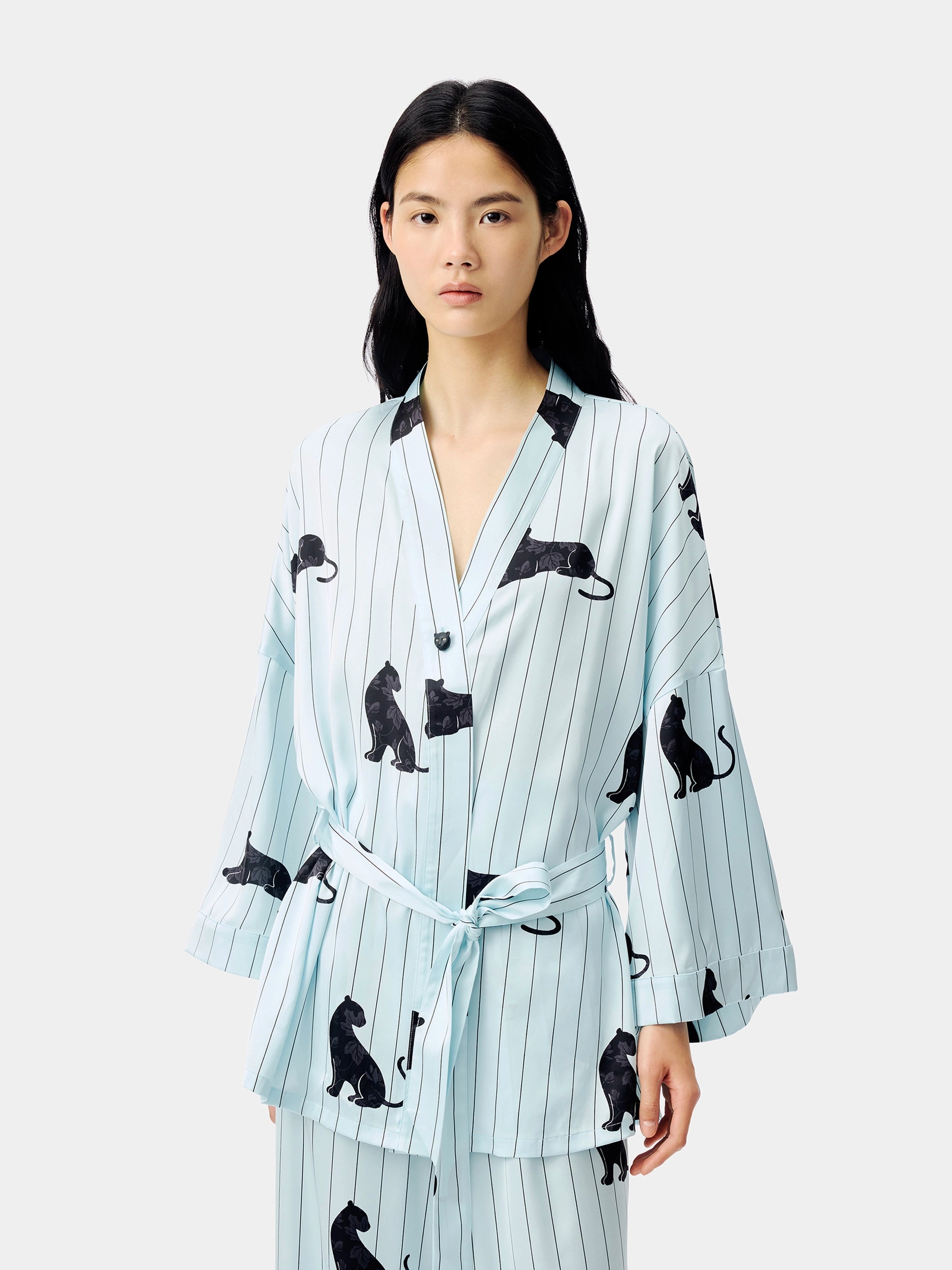 "Urban Jungle" Black Panther Satin Loungewear Set Robe & Pants – Mist Blue