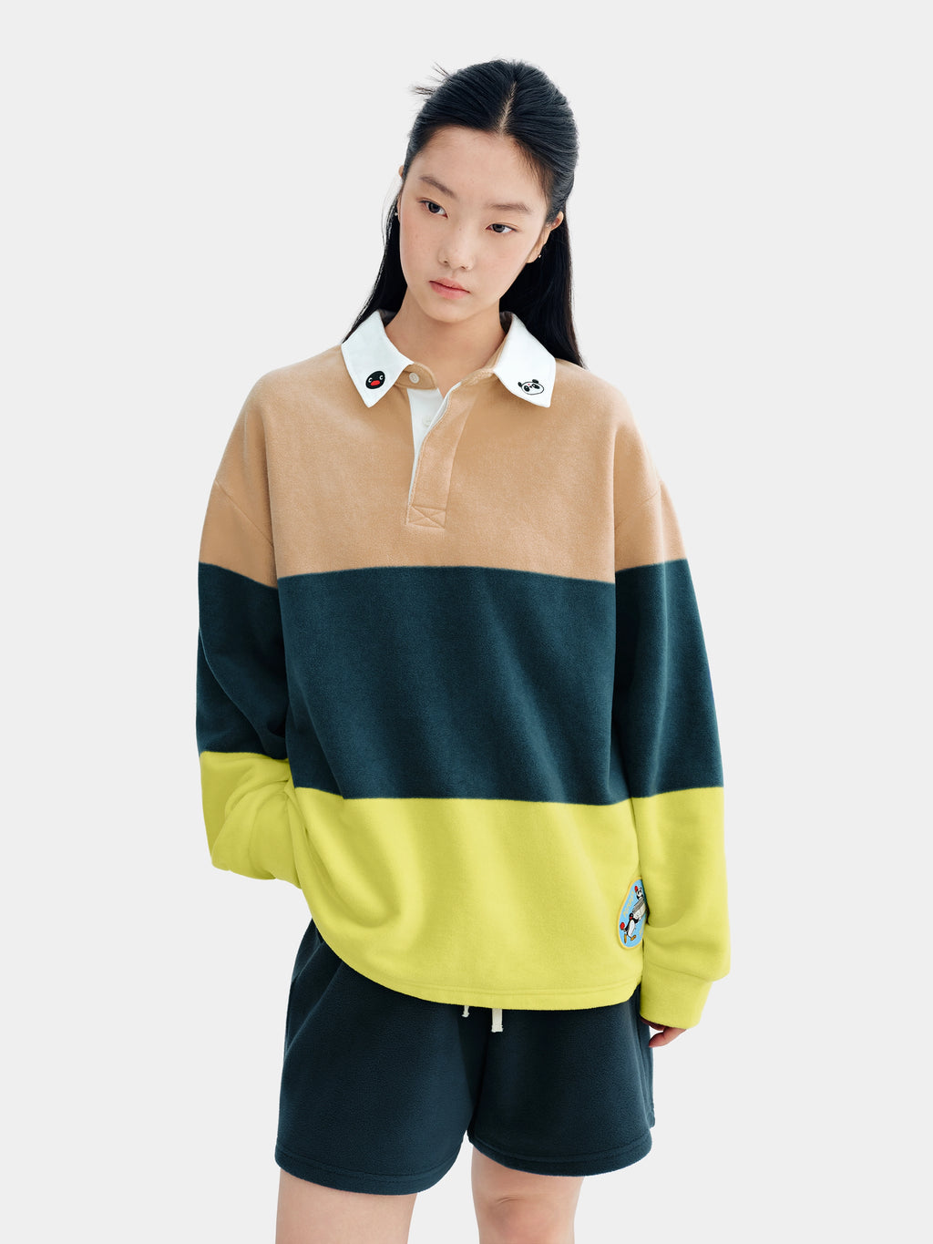ชุดลำลองเสื้อโปโลผ้าฟลีซ PIN!POM! - แขนยาวและกางเกงขาสั้น - ลายทางสีเหลืองและน้ำตาล