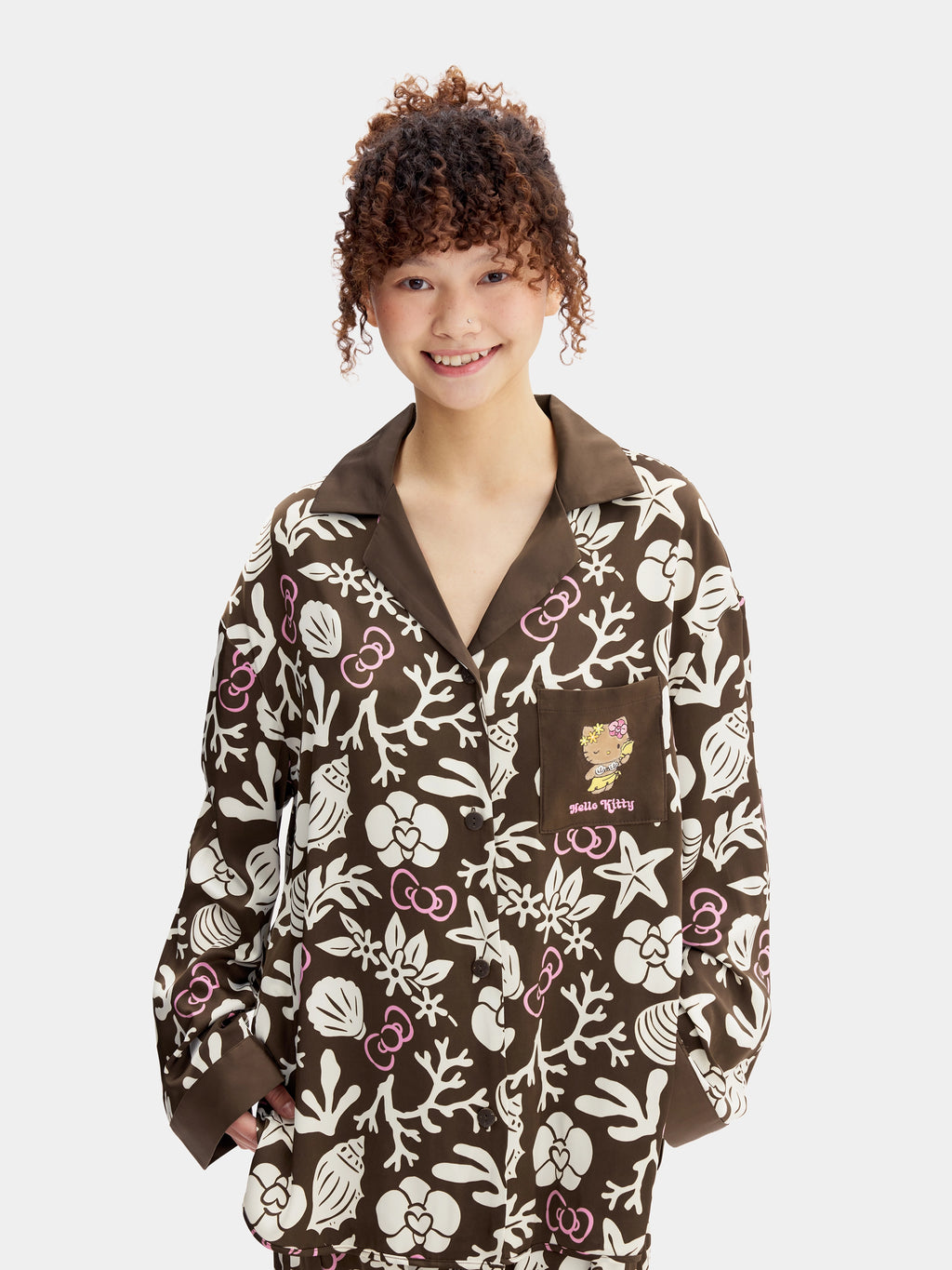 "Hello Kitty" Satin Loungewear Set Long Sleeve – Coconut Brown