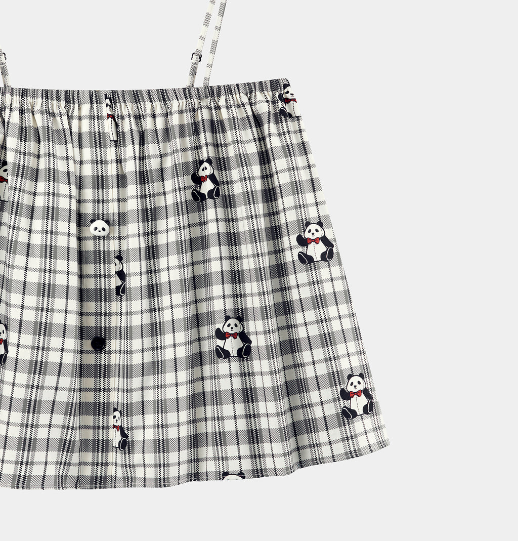 "Panda PomPom" Tencel Cotton Blend Spaghetti Strap Top & Shorts Pajama Set – Black Grid