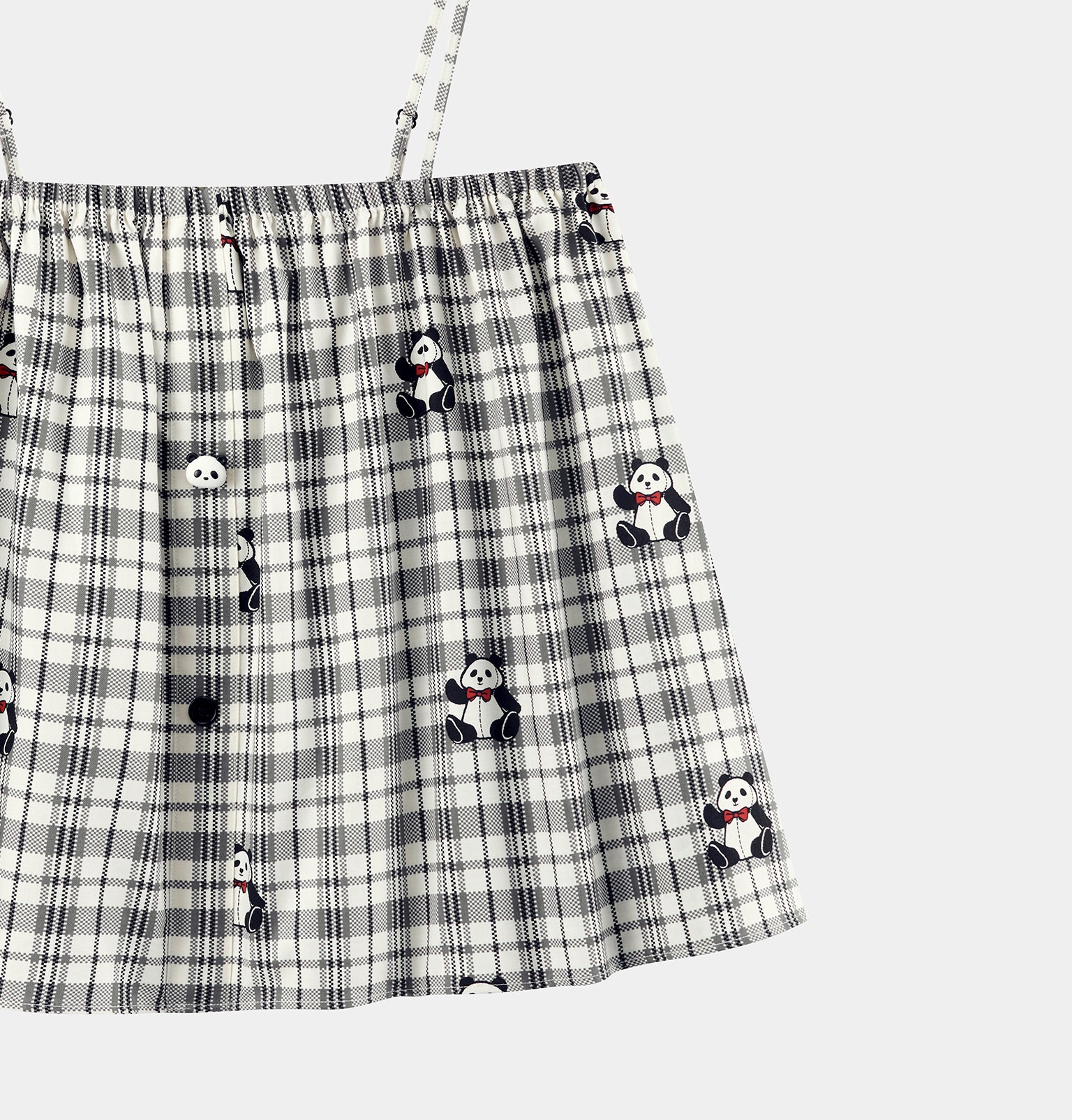 "Panda PomPom" Tencel Cotton Blend Spaghetti Strap Top & Shorts Pajama Set – Black Grid