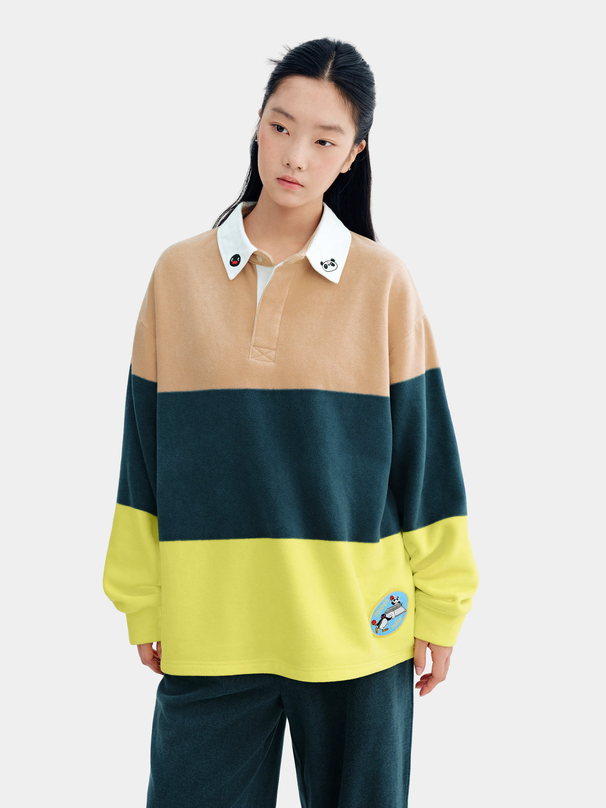 ชุดลำลองเสื้อโปโลผ้าฟลีซ PIN!POM! - แขนยาว - ลายทางสีเหลืองและน้ำตาล
