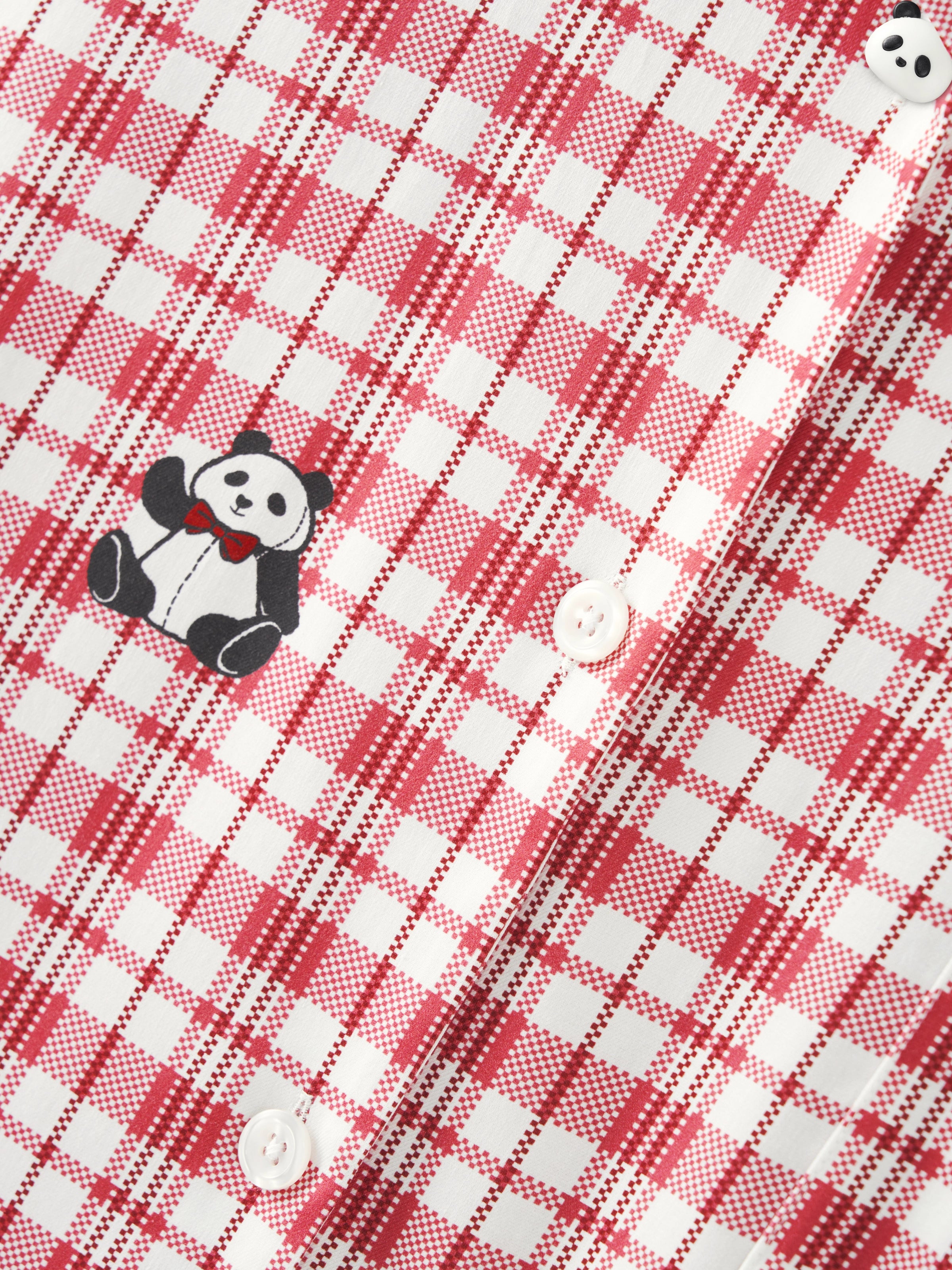 "Panda PomPom" Tencel Cotton Blend Loungewear Set – Red Grid