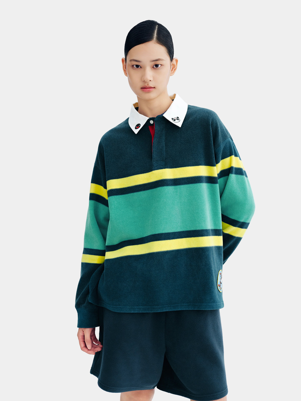 PIN!POM! Fleece Polo Loungewear Set-Long Sleeve & Shorts-Yellow & Green Stripes