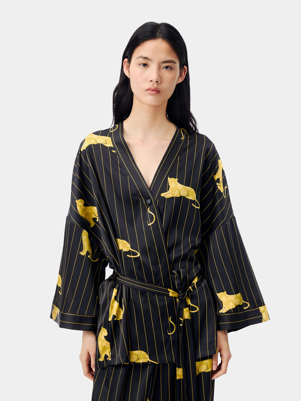 "Urban Jungle" Black Panther Satin Loungewear Set Robe & Pants – Dark Gold