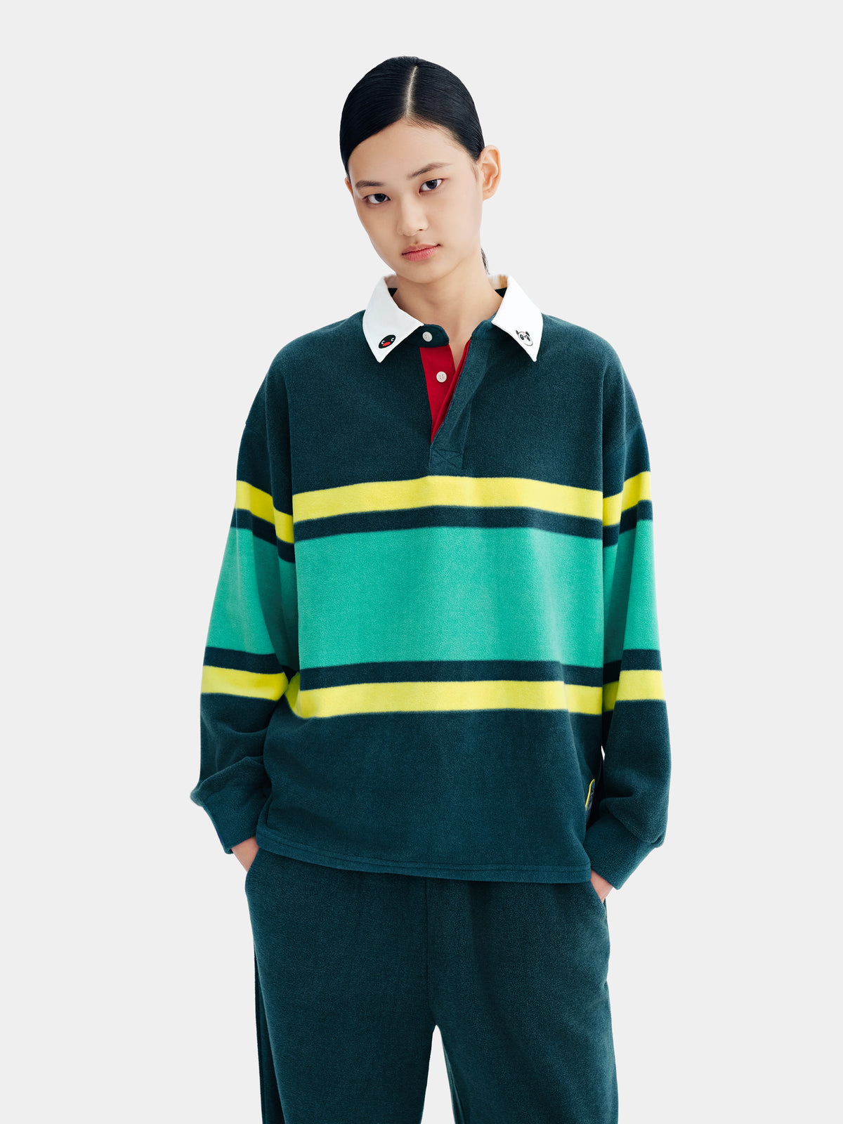 ชุดลำลองเสื้อโปโลผ้าฟลีซ PIN!POM! - แขนยาว - ลายทางสีเหลืองและเขียว