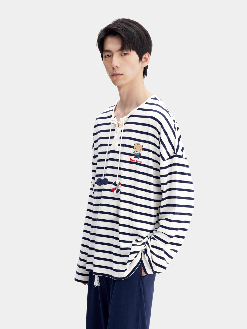 "Dear Daniel" Jersey Breton Stripe Loungewear Set Long Sleeve – Blue & White