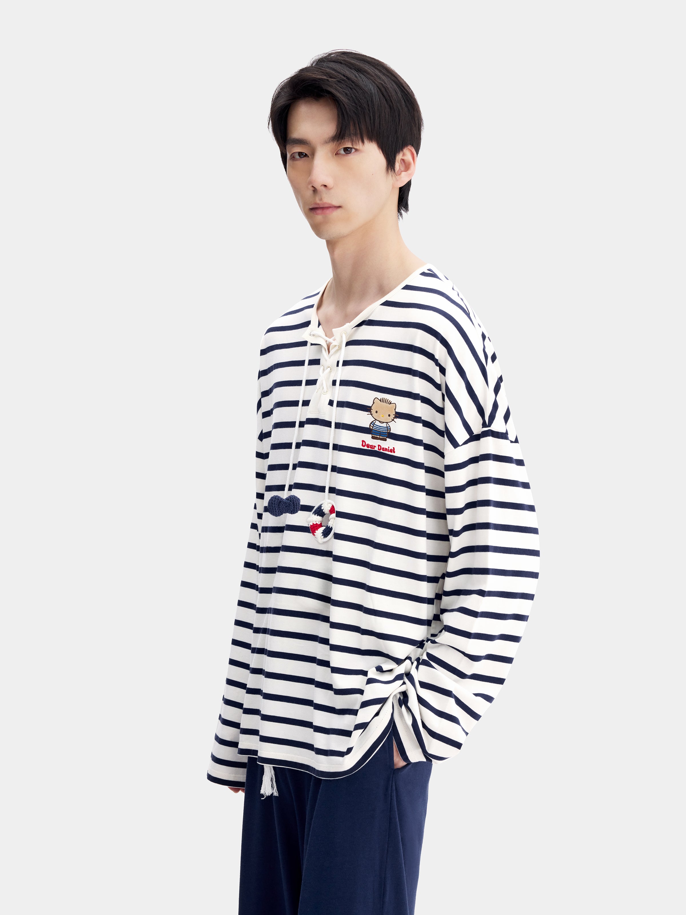 "Dear Daniel" Jersey Breton Stripe Loungewear Set Long Sleeve – Blue & White