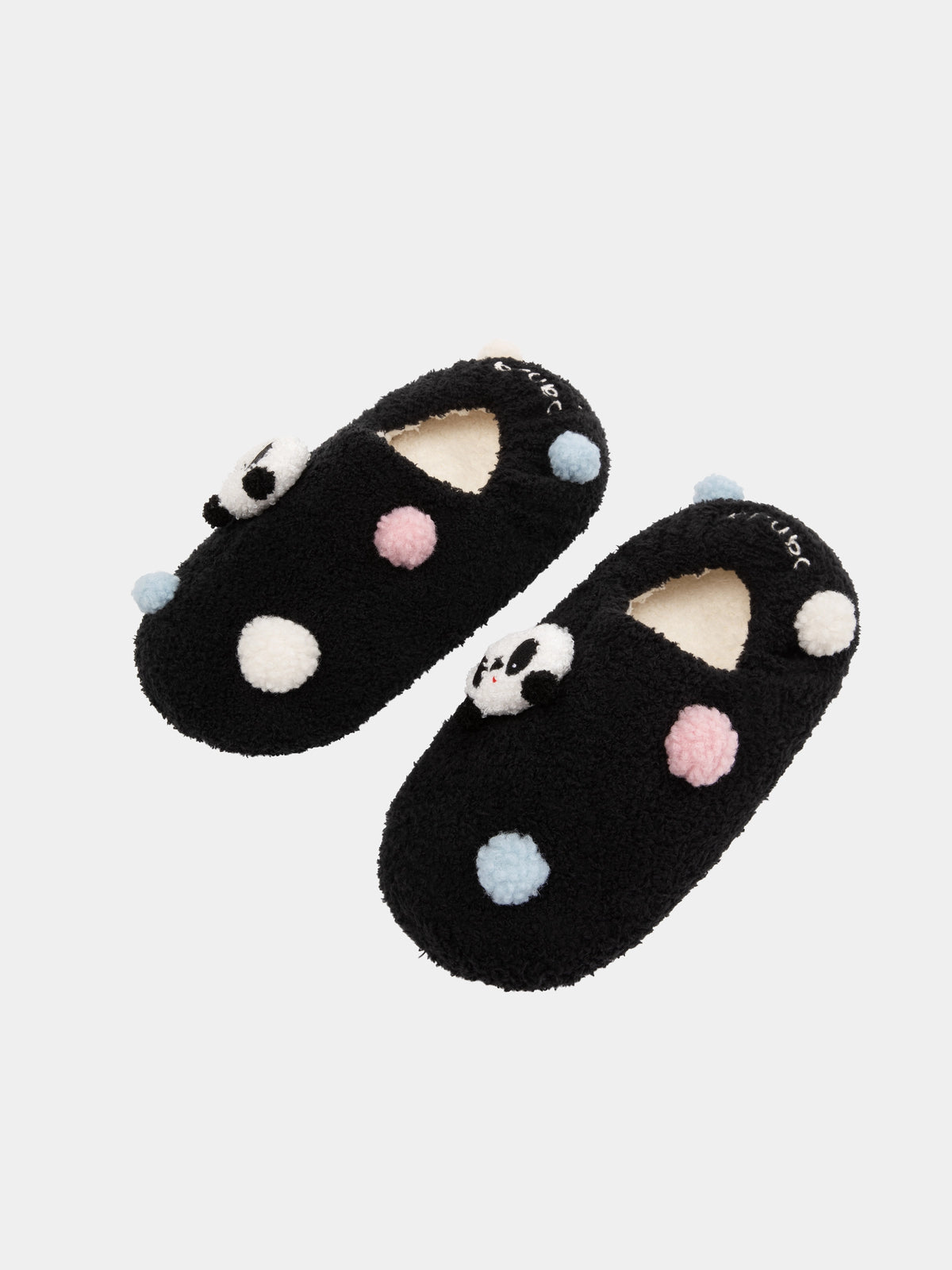 "panda pompom" Fluffy Slippers – Black