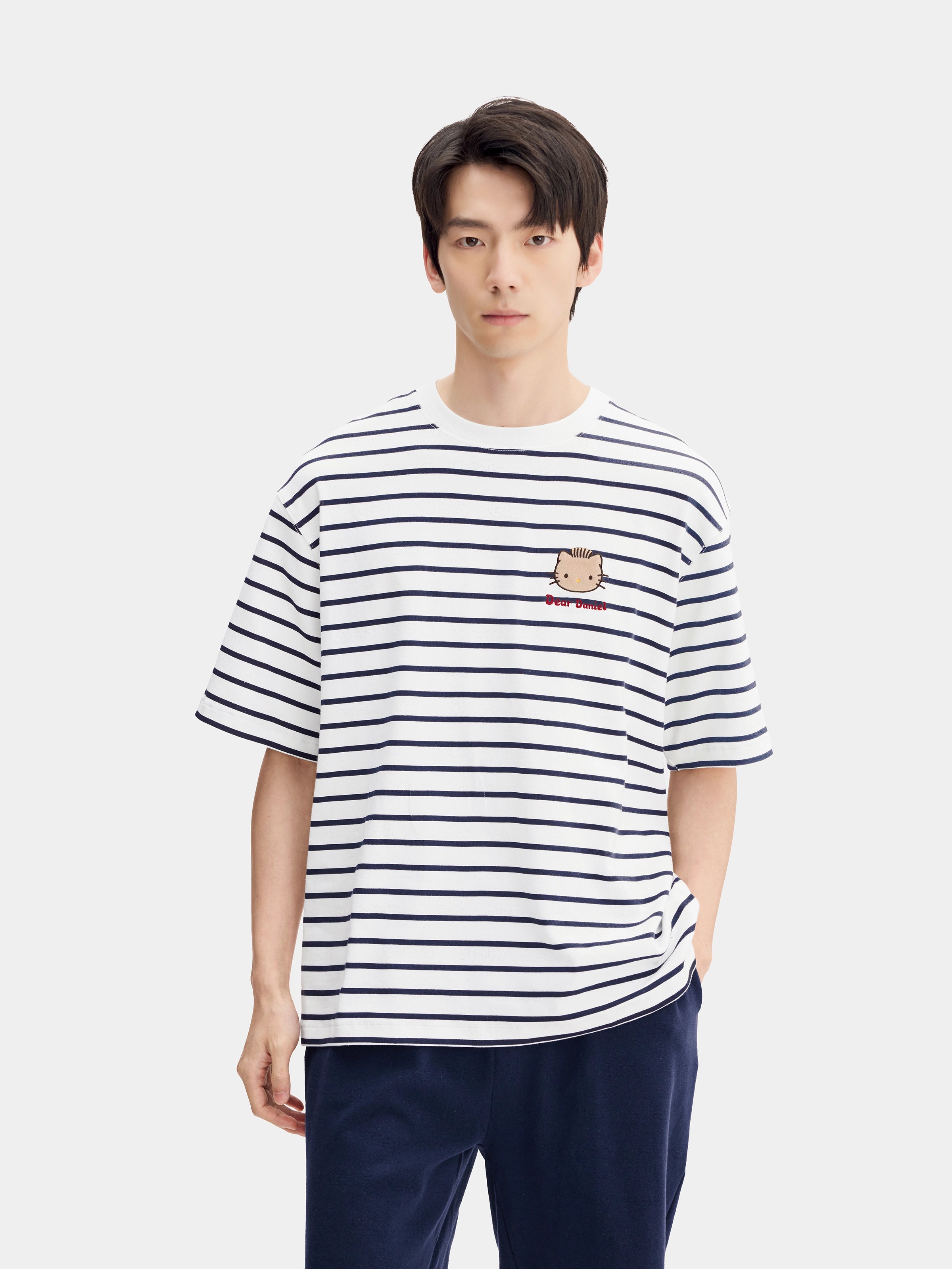 "Dear Daniel" Stretch Cotton Jersey Breton Stripe Loungewear Set Short Sleeve