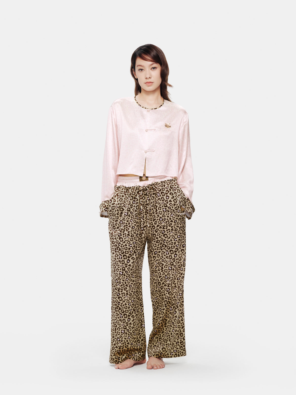 "Hello Kitty" Premium Heavy Mulberry Silk Chinese-Style Short Top – Pink Leopard