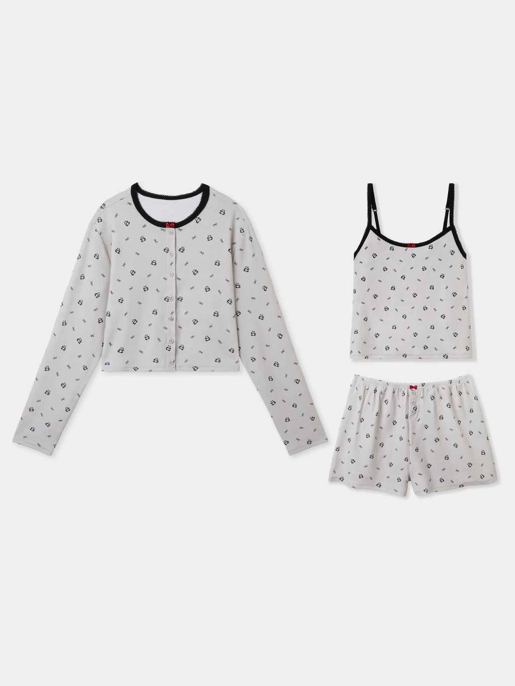 "Panda PomPom" Jersey Rib Jacquard Loungewear Shorts Set – Gray