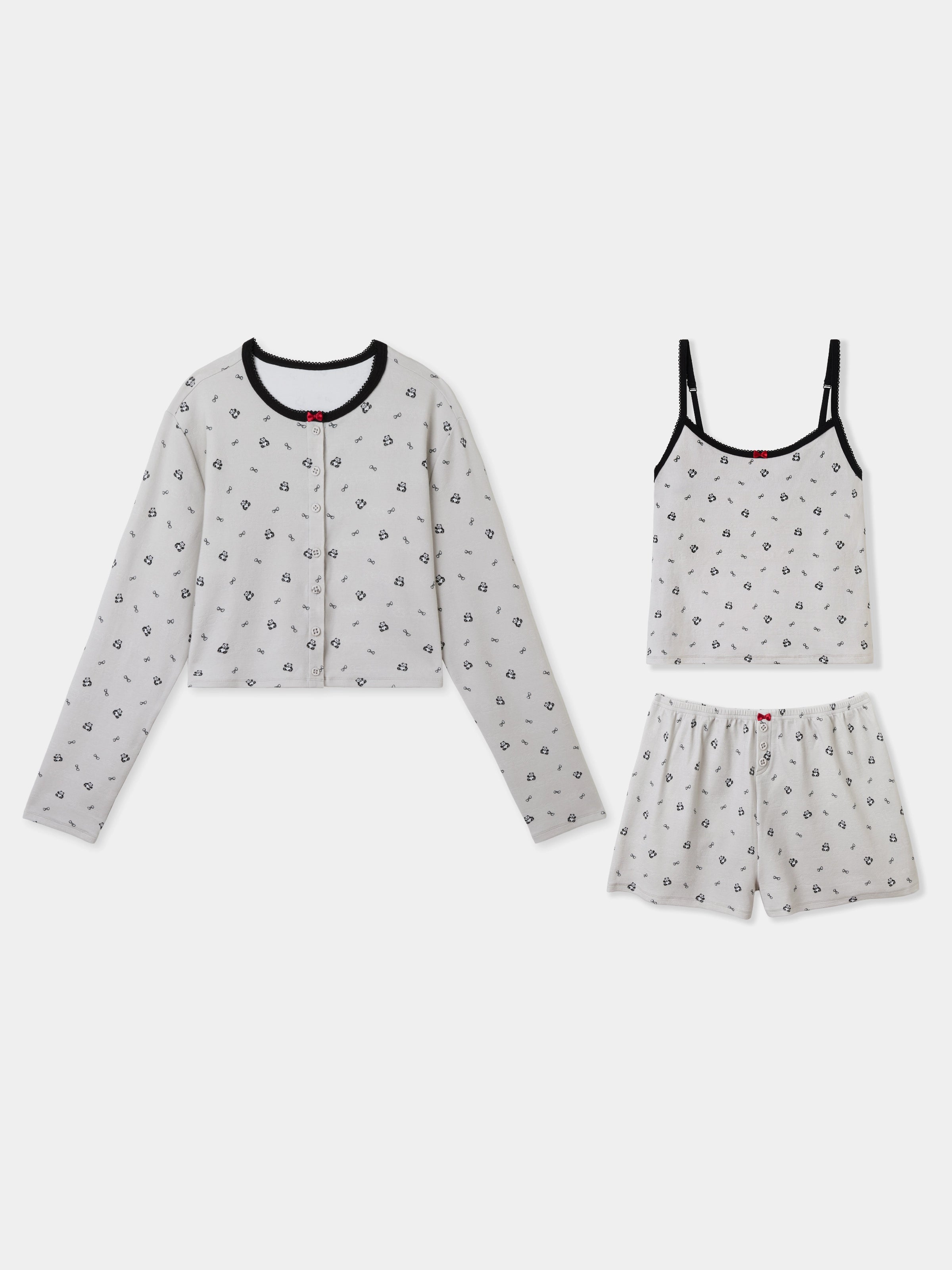 "Panda PomPom" Jersey Rib Jacquard Loungewear Shorts Set – Gray
