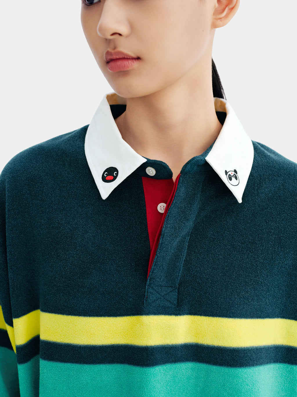 ชุดลำลองเสื้อโปโลผ้าฟลีซ PIN!POM! - แขนยาว - ลายทางสีเหลืองและเขียว