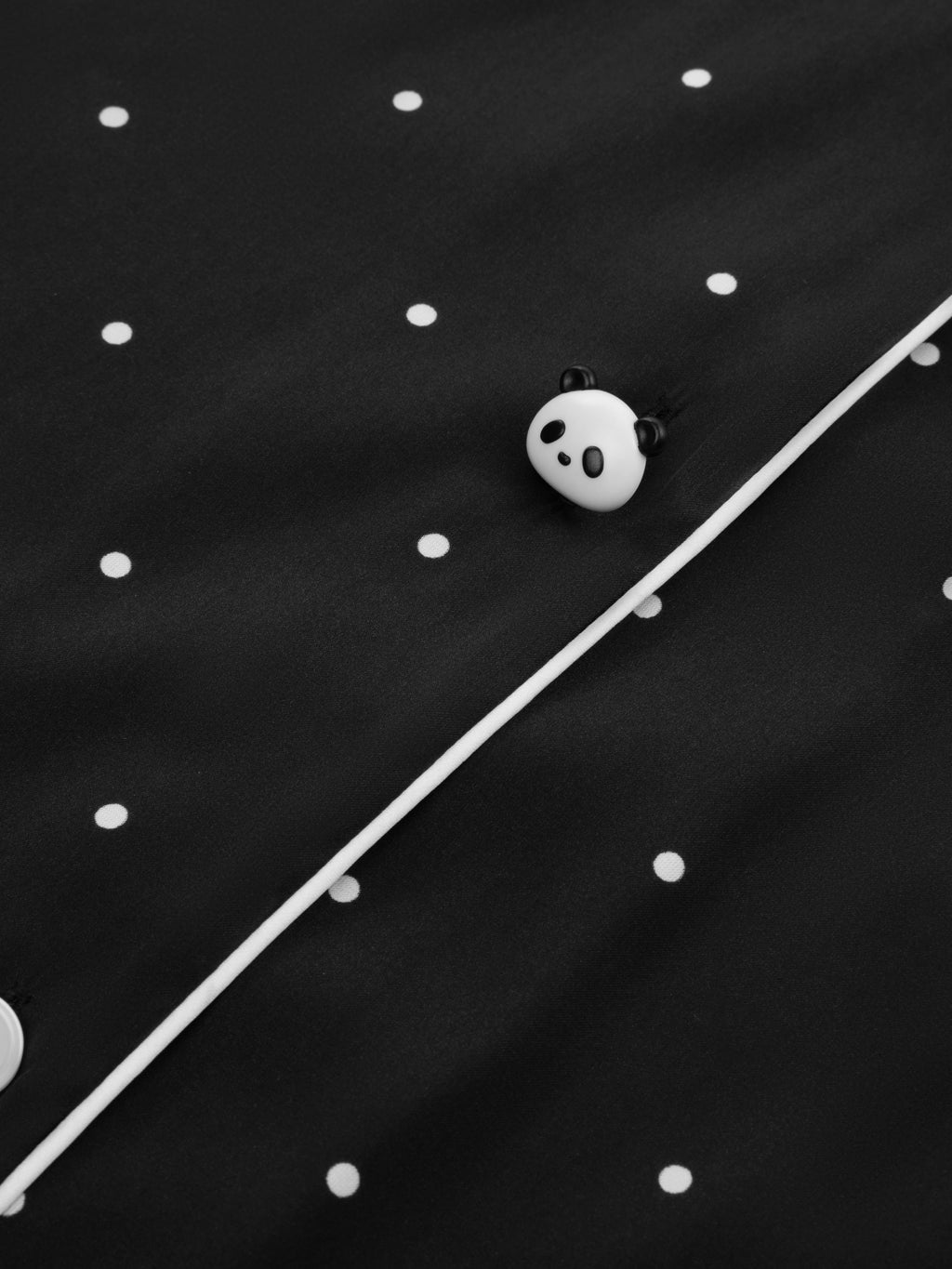 "Panda PomPom" Satin Loungewear Set – Black Polka Dot