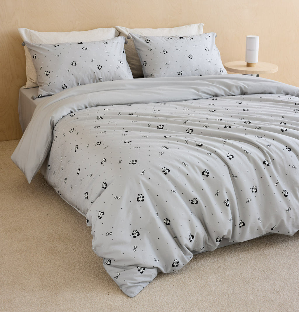 "Panda PomPom"  cotton sateen bedding set Gray