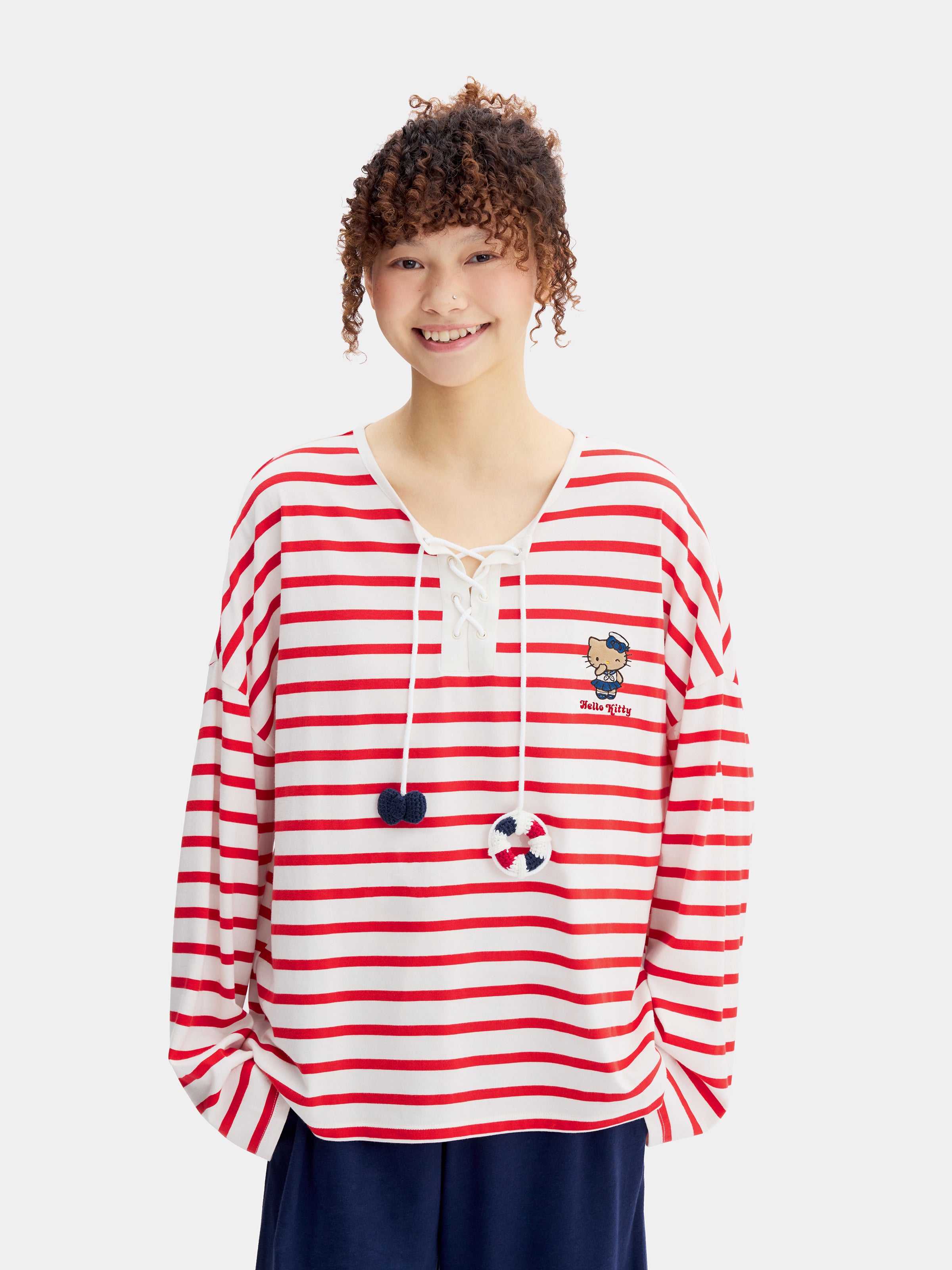 "Hello Kitty" Jersey Breton Stripe Loungewear Set Long Sleeve – Red & White