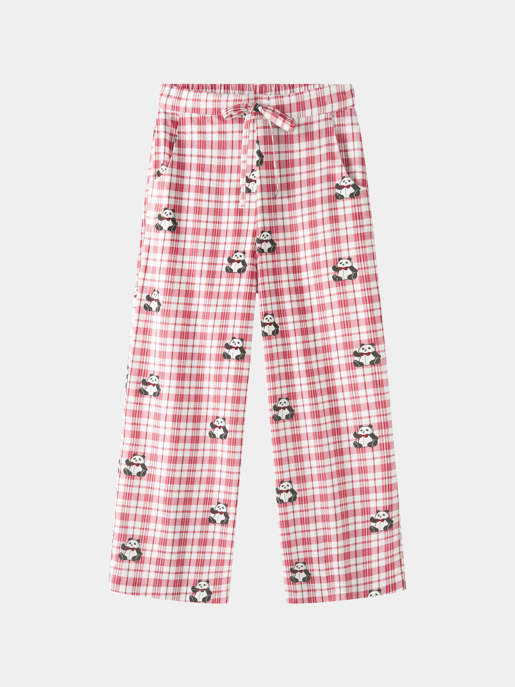 "Panda PomPom" Tencel Cotton Blend Loungewear Set – Red Grid
