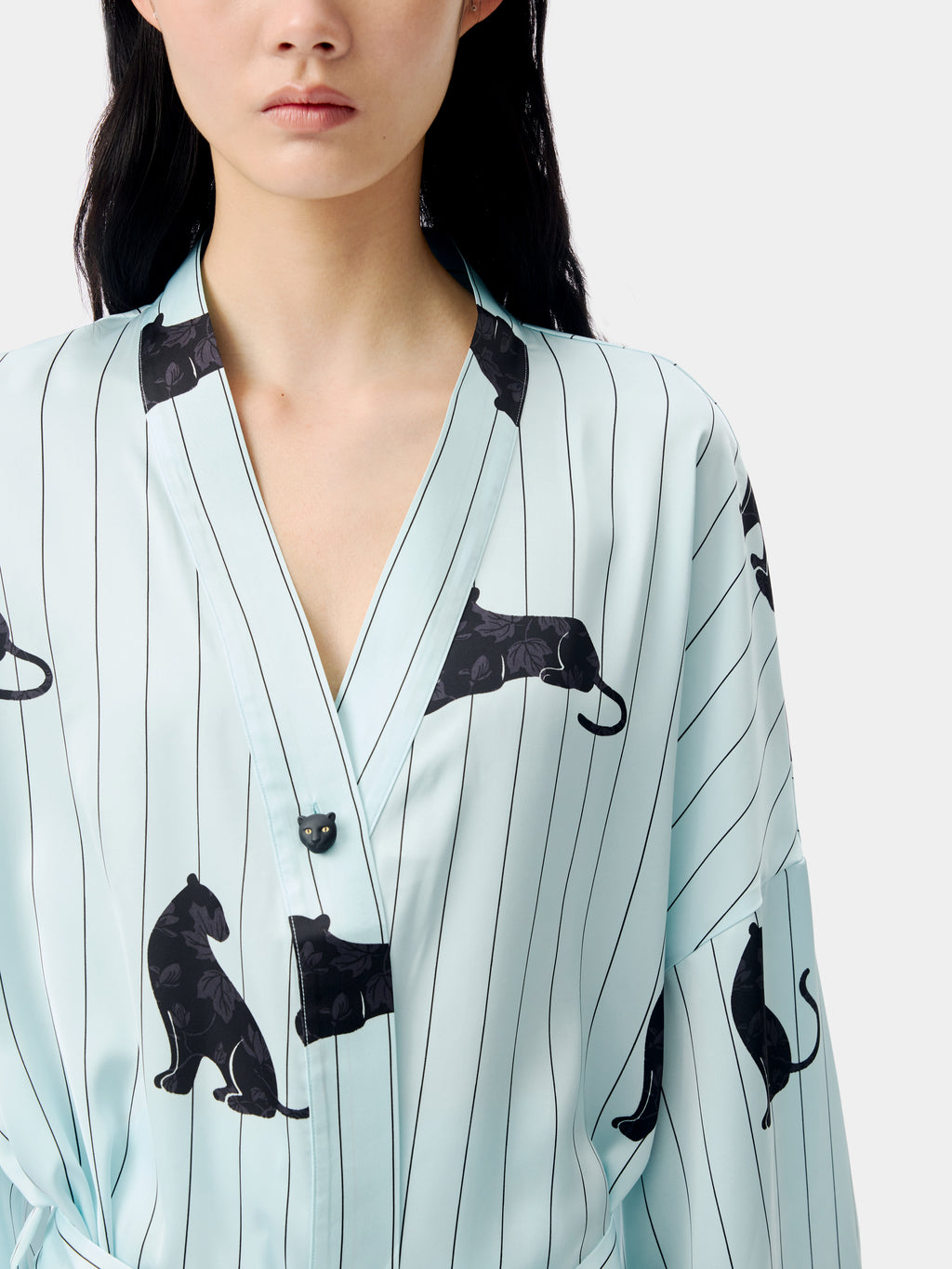 "Urban Jungle" Black Panther Satin Loungewear Set Robe & Pants – Mist Blue