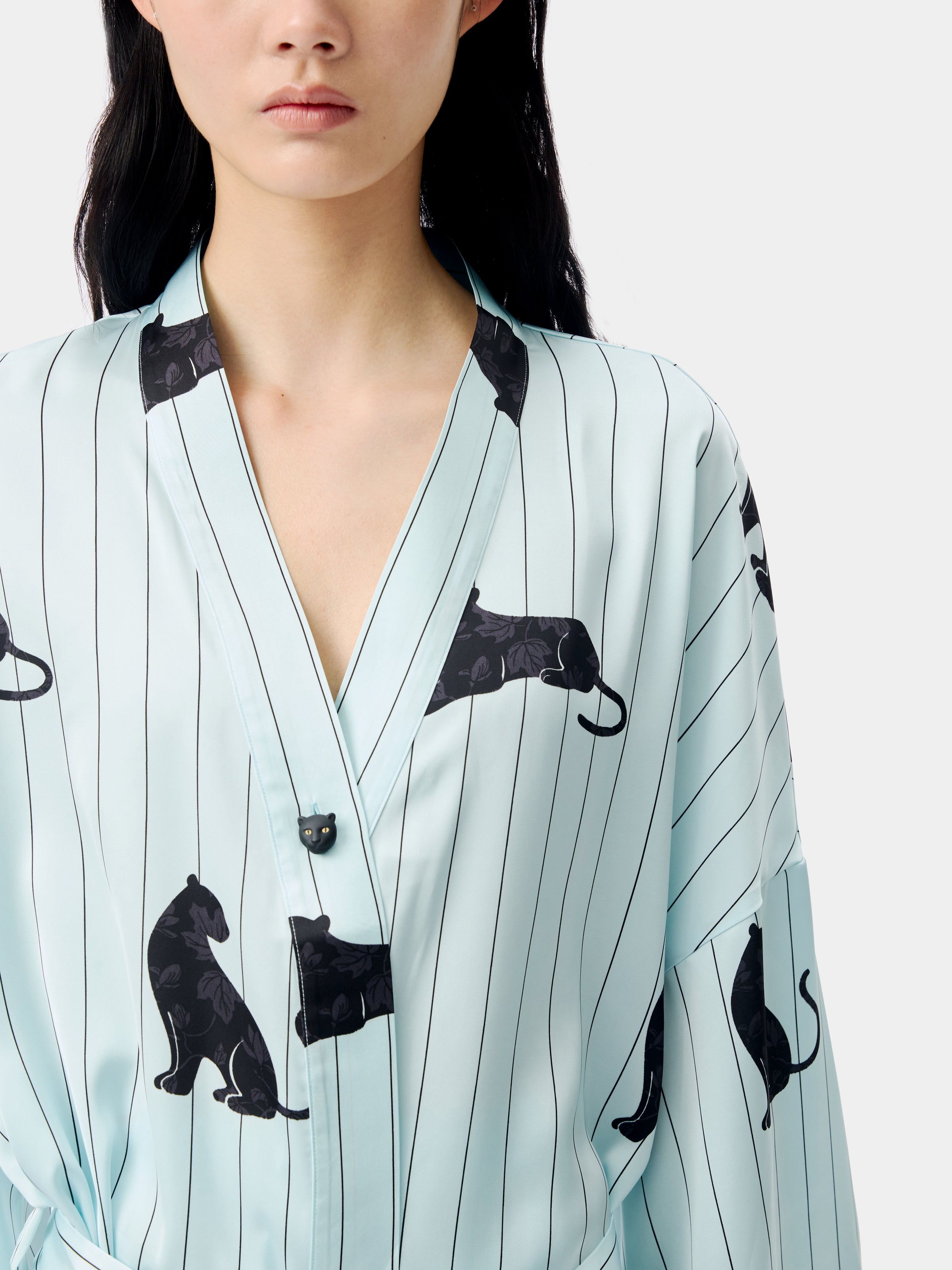 "Urban Jungle" Black Panther Satin Loungewear Set Robe & Pants – Mist Blue