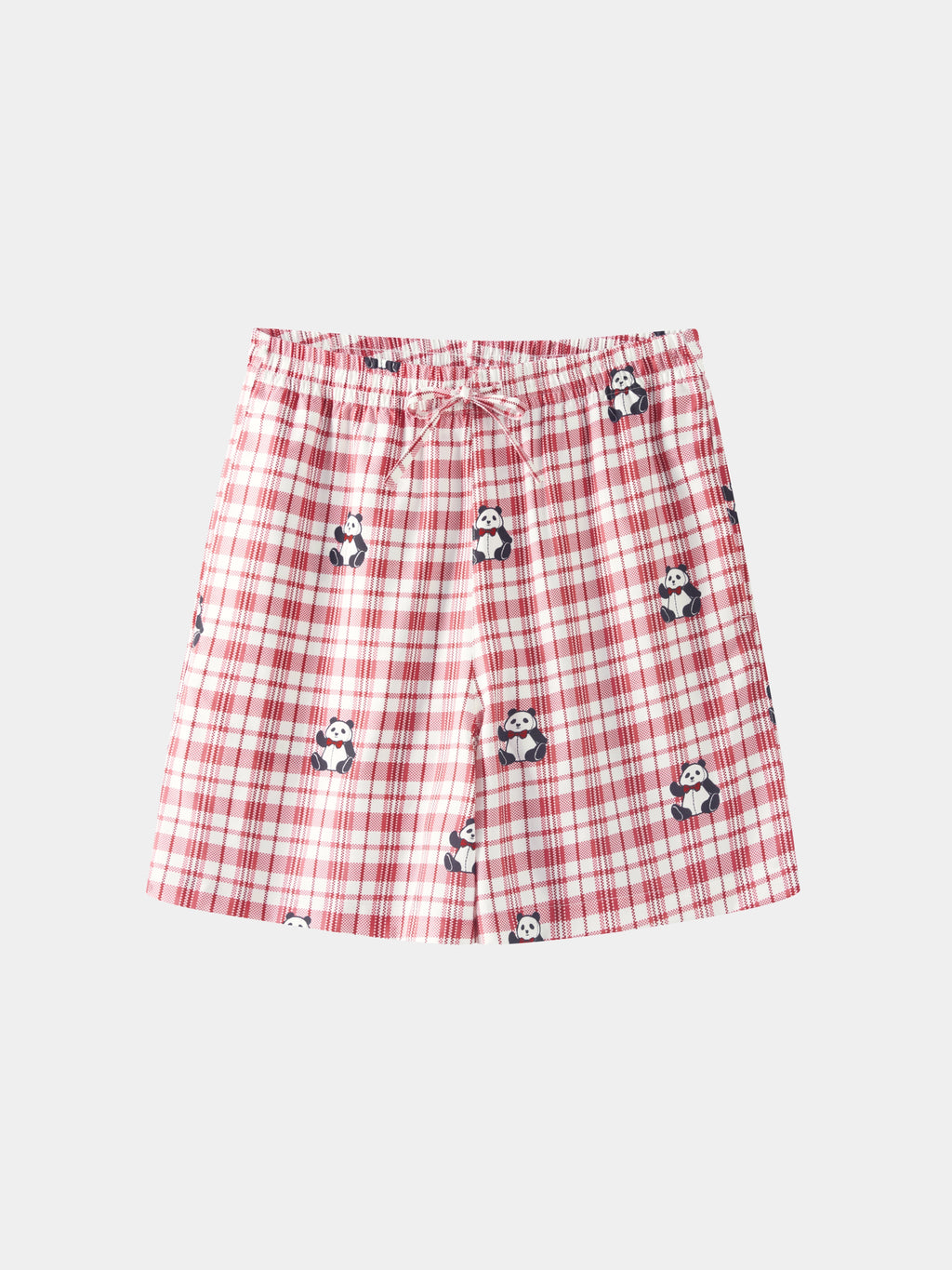 "Panda PomPom" Tencel Cotton Blend Short Sleeve Loungewear Set – Red Grid