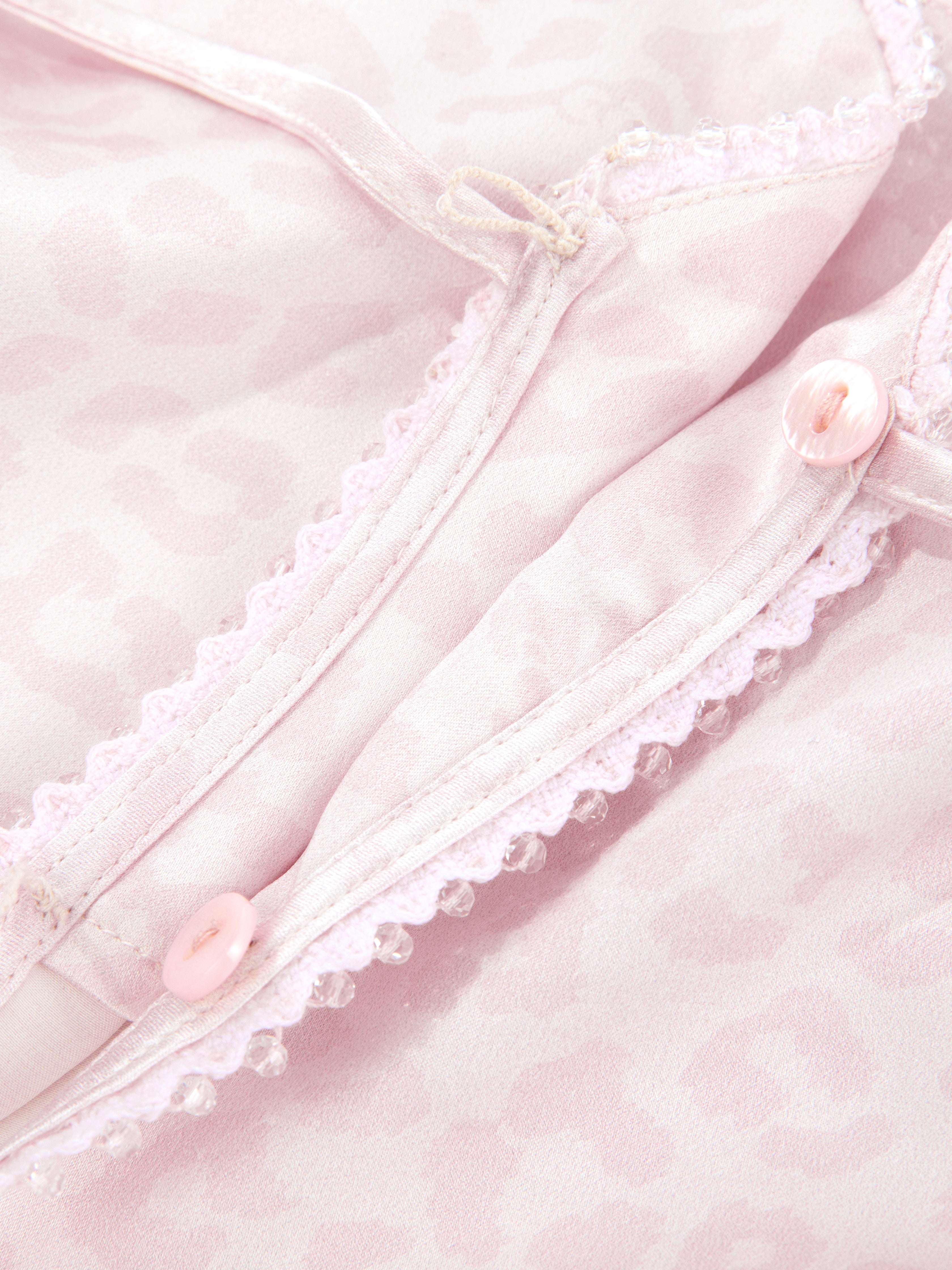 "Hello Kitty" Premium Heavy Mulberry Silk Strap Top & Shorts Pajama Set – Pink Leopard